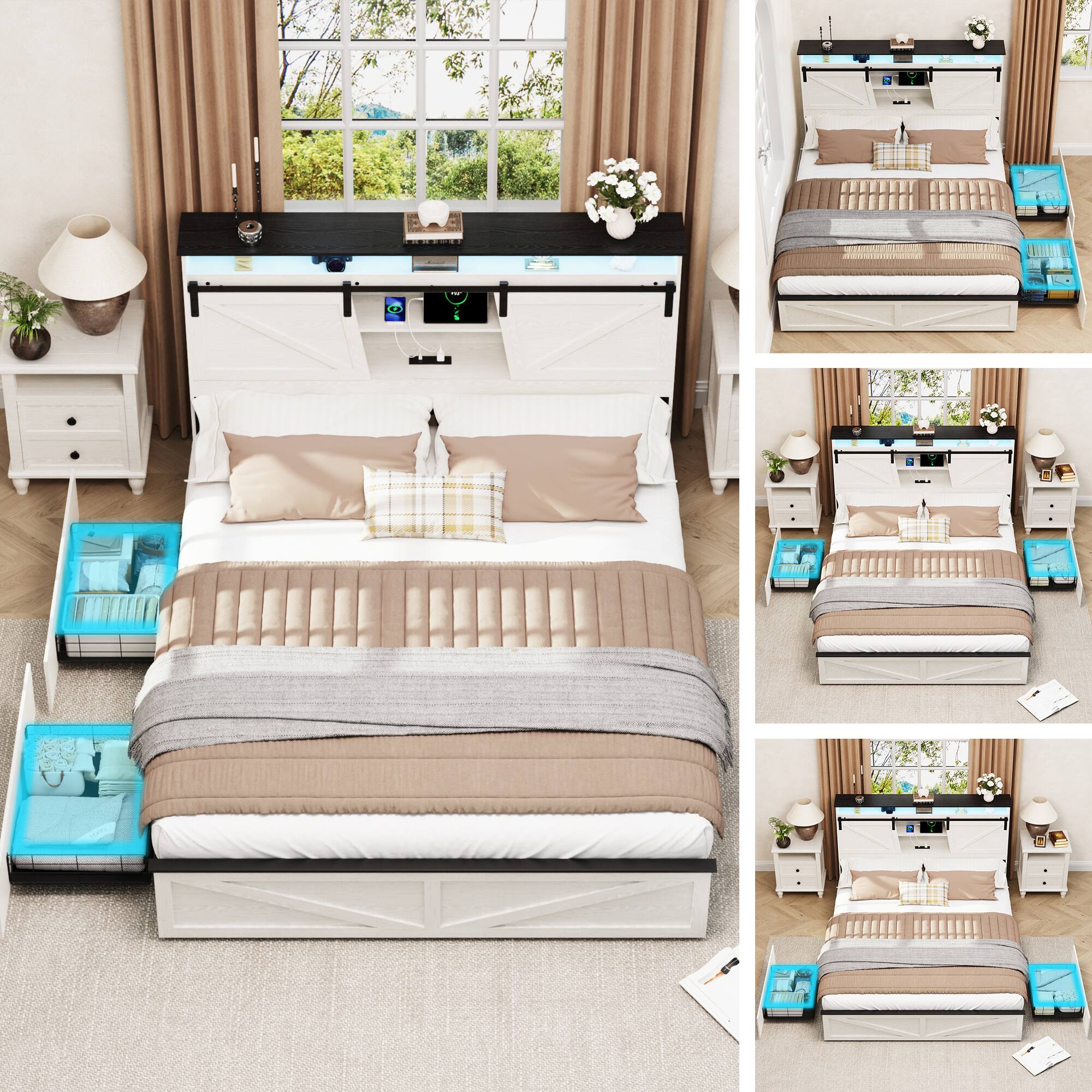 Alt View 4. LUCKY ONE - Farmhouse Queen Size Bed Frame with Storage Headboard and Drawers,Charging Station & LED Lights - White.