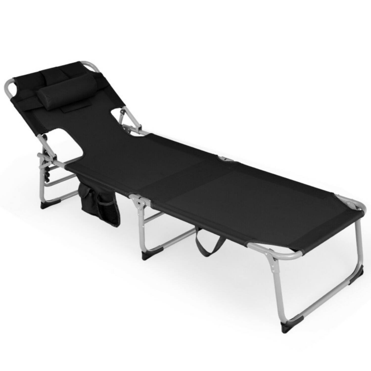 Alt View 2. Mondawe - Folding Beach Lounge Chair w Face & Arm Holes Adjustable Backrest Pillow & Carry Strap - Black.