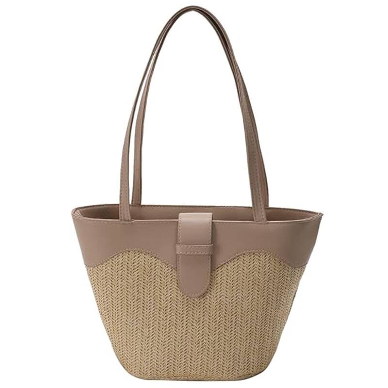 Front. Auledio - Women Straw Woven Handbag, Large Capacity Weaving Shoulder Bag, Vintage Lightweight Travel Beach Bag - Khaki.