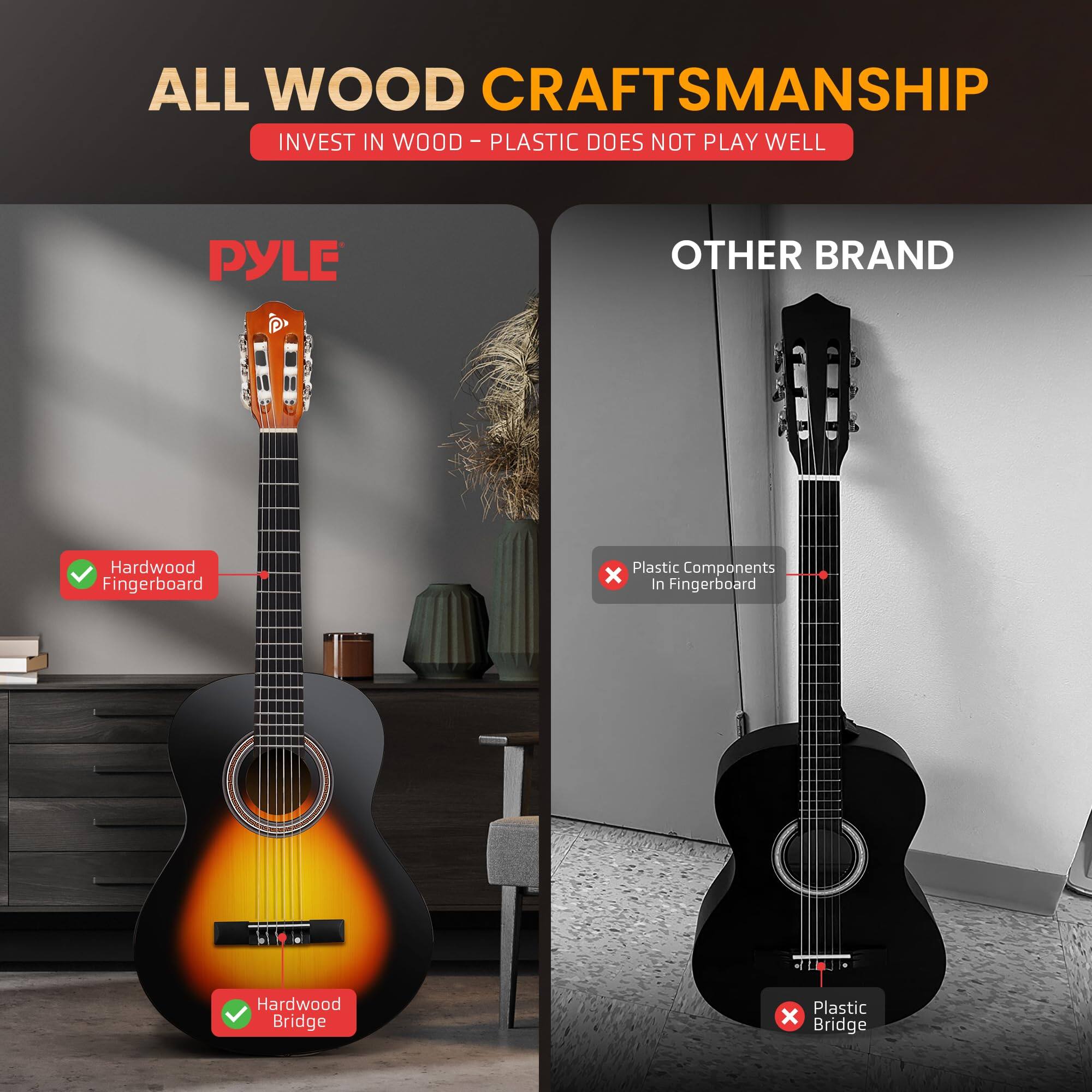 ALL WOOD CRAFTSMANSHIP
INVEST IN WOOD - PLASTIC DOES NOT PLAY WELL
PYLE
OTHER BRAND
Hardwood Fingerboard
Plastic Components x in Fingerboard
Hardwood Bridge
Plastic x Bridge