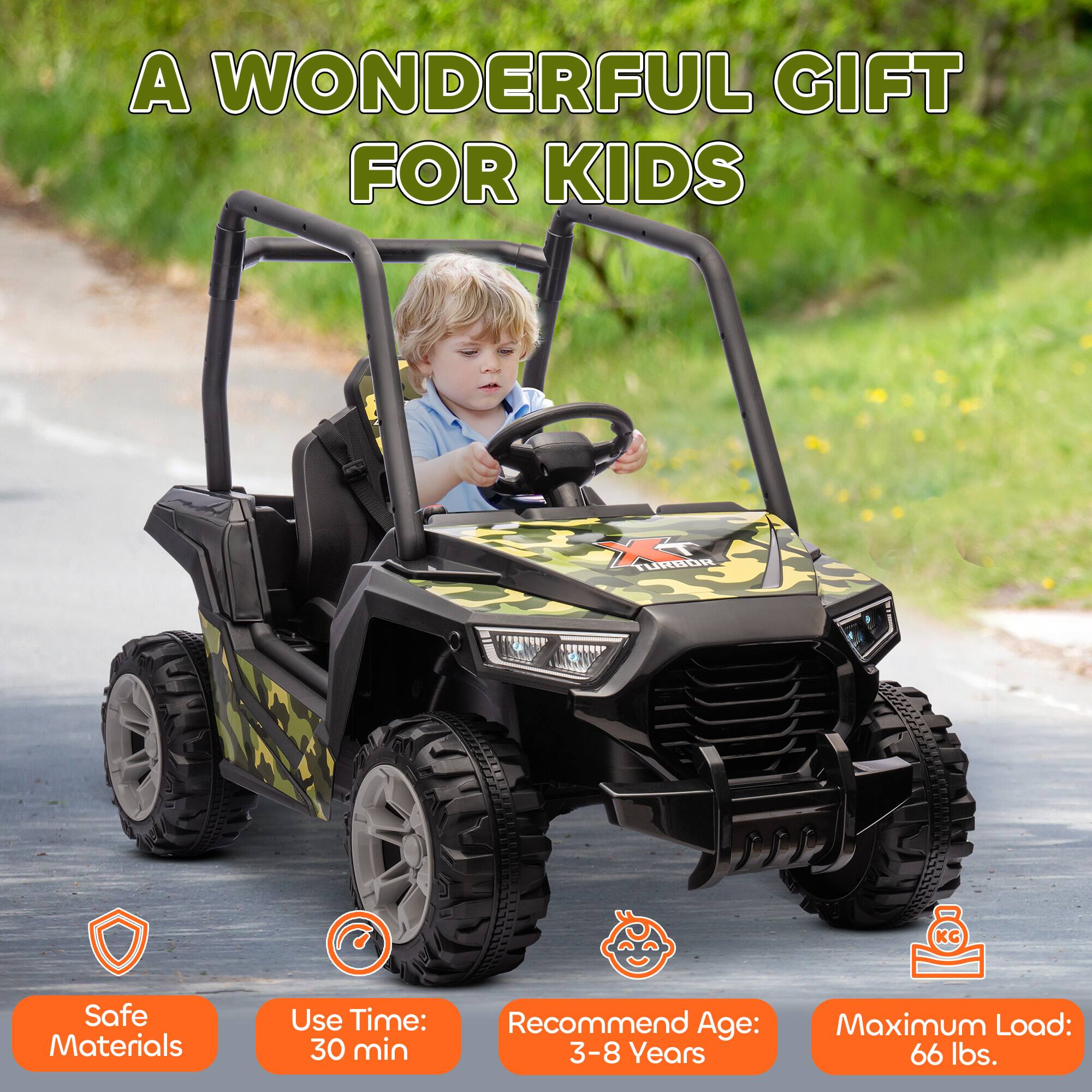 A WONDERFUL GIFT FOR KIDS

- Safe Materials
- Use Time: 30 min
- Recommend Age: 3-8 Years
- Maximum Load: 66 lbs.