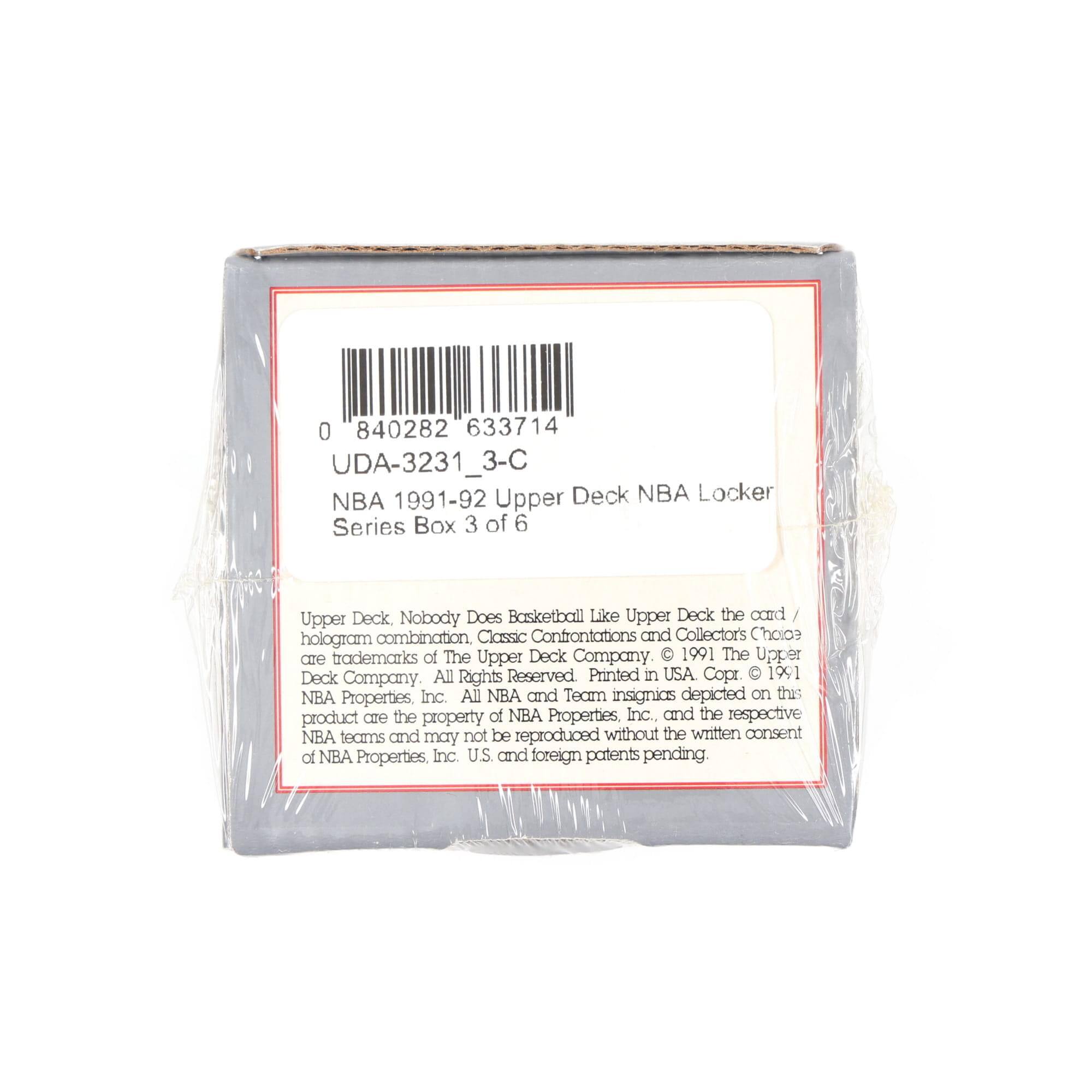 0 840282 633714  
UDA-3231_3-C  
NBA 1991-92 Upper Deck NBA Locker Series Box 3 of 6  

Upper Deck. Nobody Does Basketball Like Upper Deck the card / hologram combination, Classic Confrontations and Collector's Choice are trademarks of The Upper Deck Company. © 1991 The Upper Deck Company. All Rights Reserved. Printed in USA. Corp. © 1991 NBA Properties Inc. All NBA and Team insignias depicted on this product are the property of NBA Properties Inc., and the respective NBA teams and may not be reproduced without the written consent of NBA Properties, Inc. U.S. and foreign patents pending.