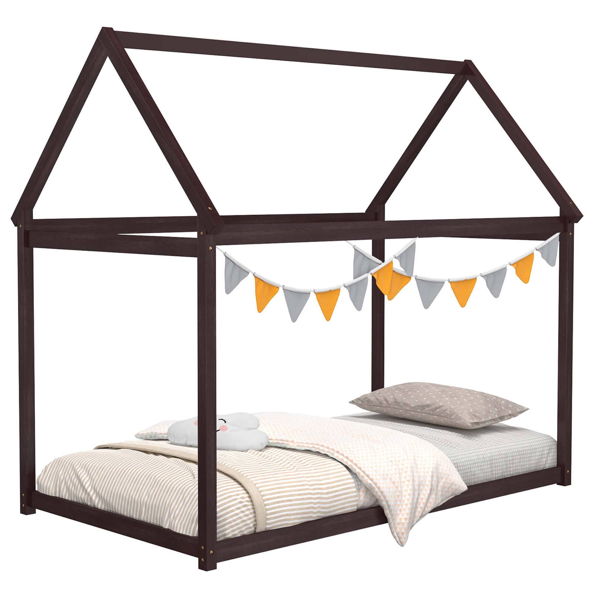 Costway - Twin House Bed Wood Frame with Roof for Kids Toddler No Box Spring - Brown