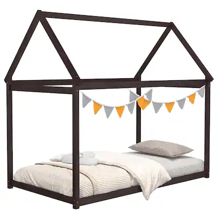 Front. Costway - Costway Twin House Bed Wood Frame with Roof for Kids Toddler No Box Spring - Brown.