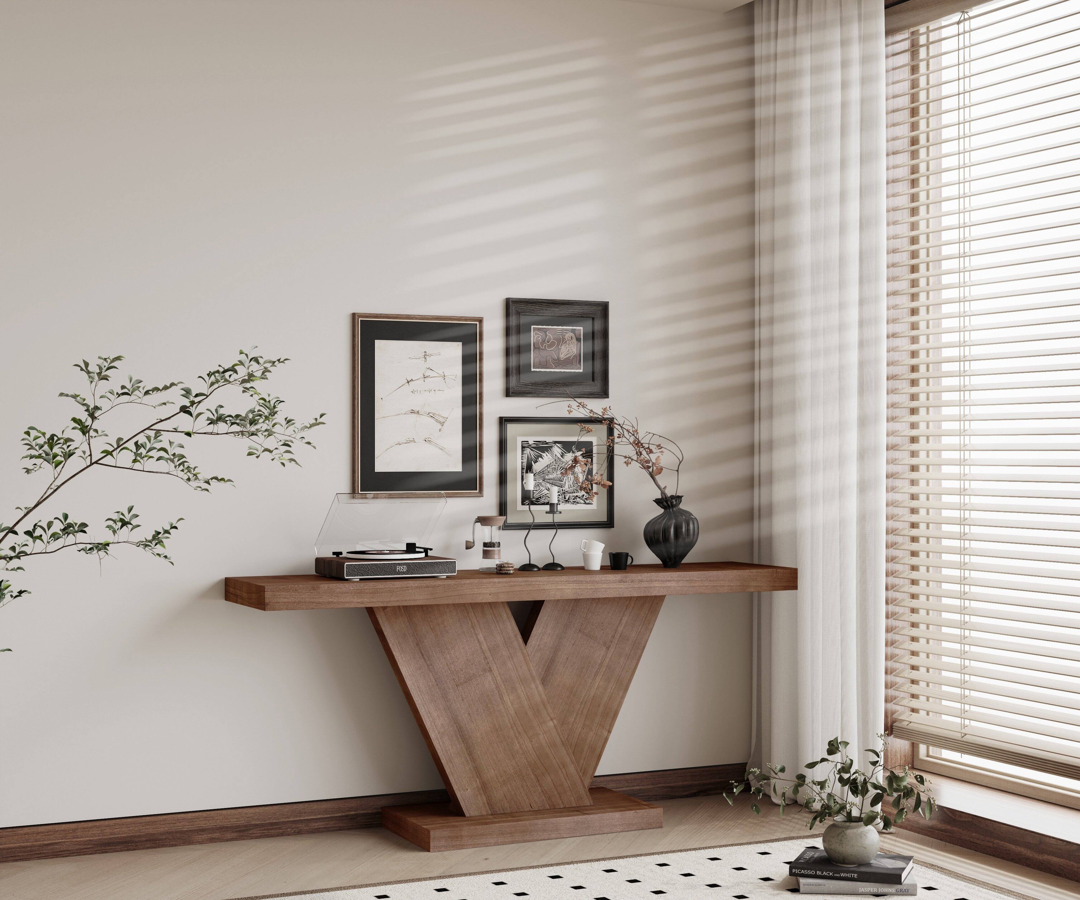 Alt View 2. Loheer - Loheer Console Table, 66 Inch Walnut X Leg Console Table, Modern Narrow Hallway Entryway Sofa Table - Walnut.