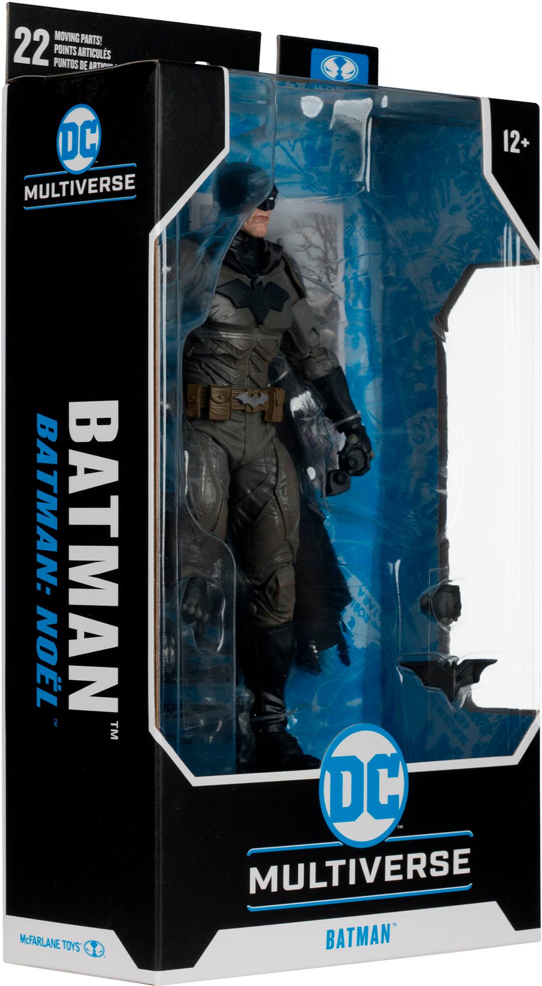 The text on the image reads: "22 POINTS! MOVING PARTS! ARTICULATED DC MULTIVERSE 12+ BATMAN: BATMAN NOEL T& TM McFarlane Toys Kori Tara DC T MULTIVERSE BATMAN."