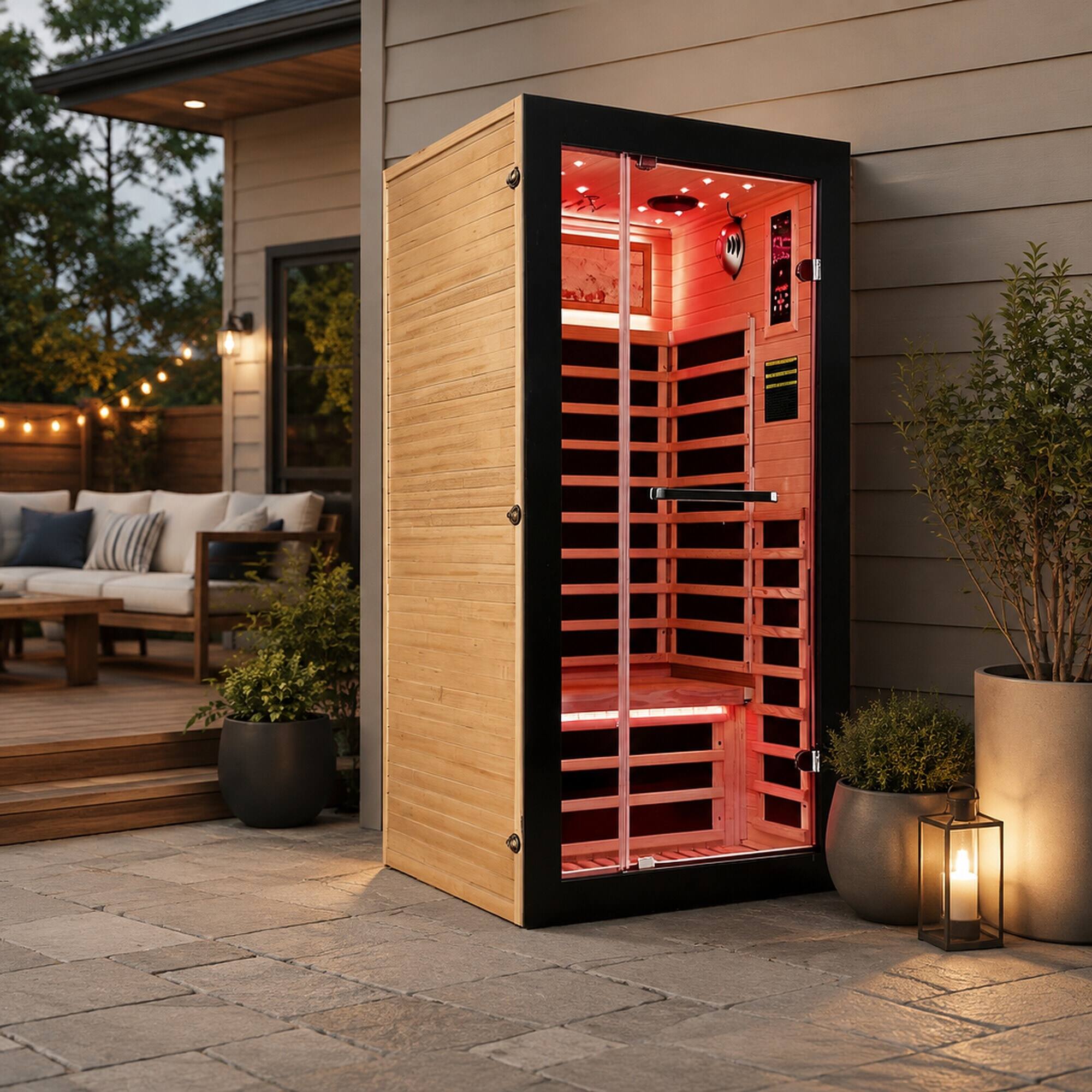 Left. RYHNUYNE - Single-Person Sauna Room, 900x900x1800mm, 1350W, 7 Epoxy Heating Plates, AUS Wood, LED Starry Sky - Ameican White Oak,Black Woodgrain.