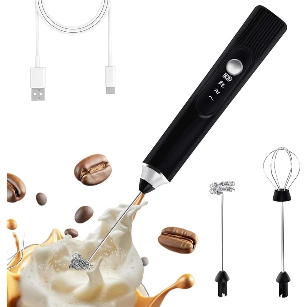 ACJPR - Milk Frother Hand Mixer – Rechargeable 3-Speed Electric Whisk with 2 Heads - Black