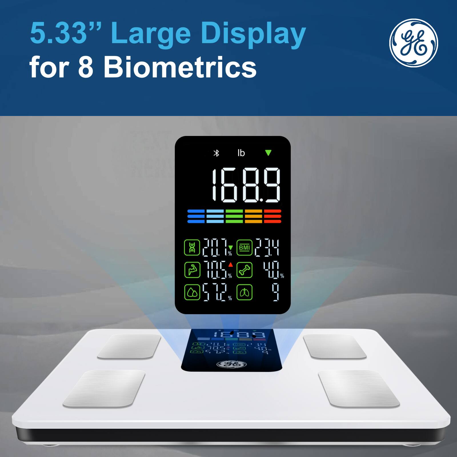 5.33" Large Display for 8 Biometrics

168.9 lb

BMI 23.4

40.0%

52.9%