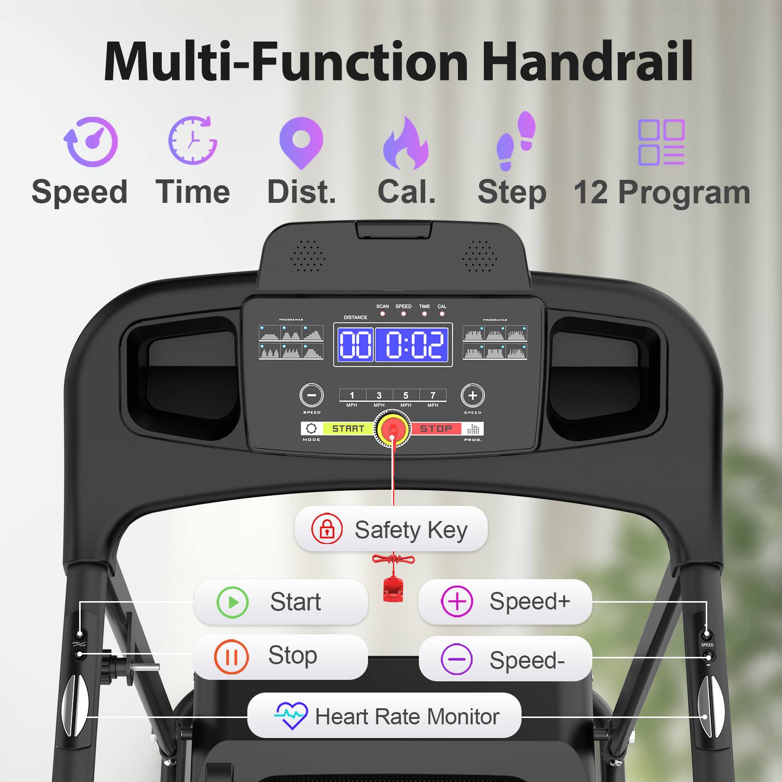 Multi-Function Handrail Speed Time Dist. Cal. Step 12 Program

00:02

Safety Key
Start
+ Speed+
Stop
- Speed-
Heart Rate Monitor