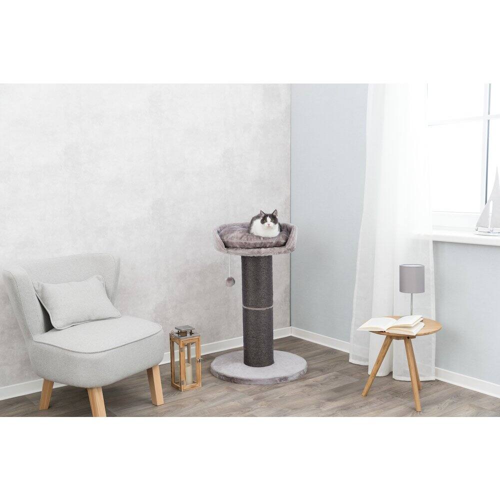 Angle. TRIXIE - Pepino Sisal 35" Scratching Post with Plush Platform Bed and Dangling Cat Toy - Gray.