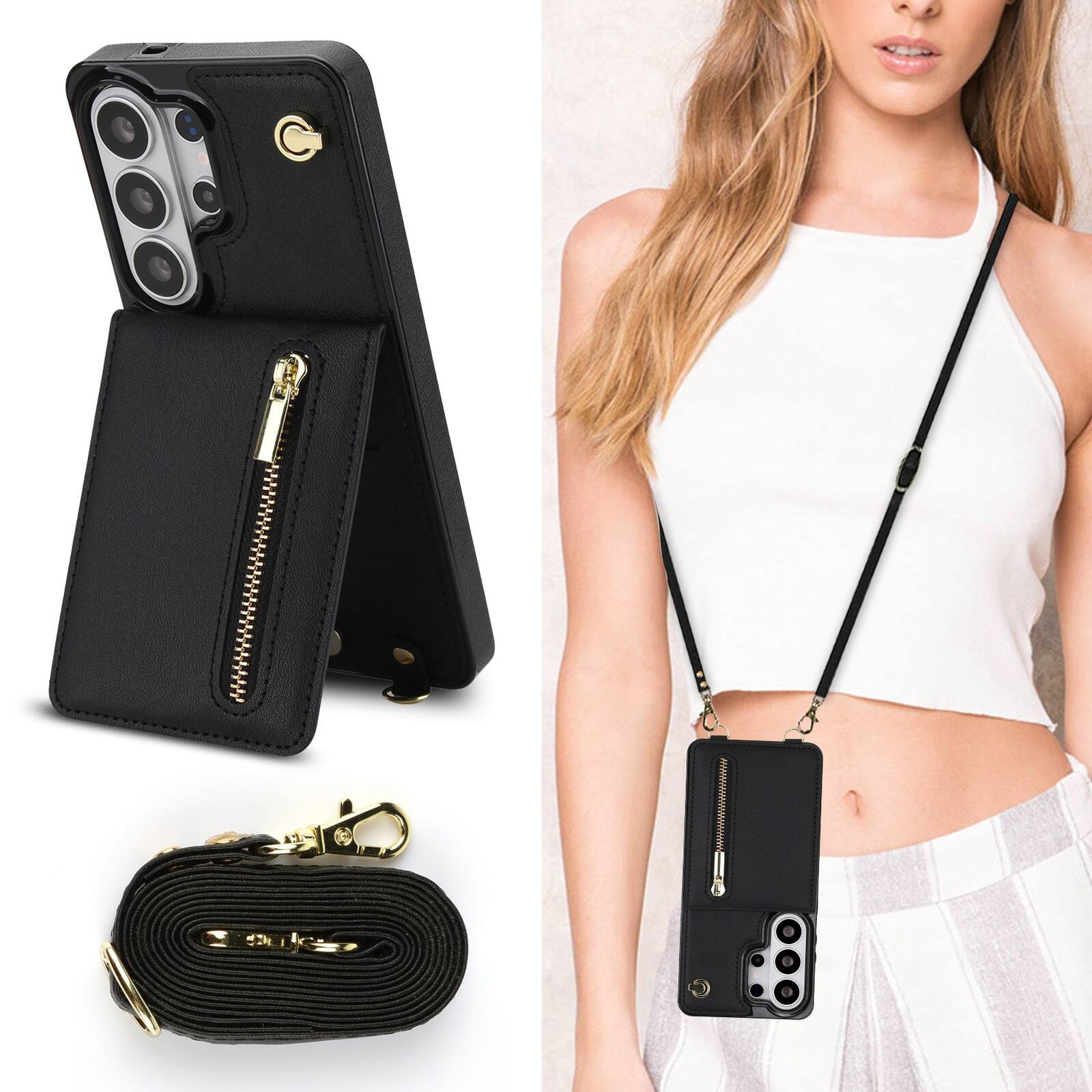 Back. Dteck - Wallet Case for Samsung Galaxy S26 Ultra PU Leather Zipper Flip Cover with Crossbody Strap & Kickstand - Black.