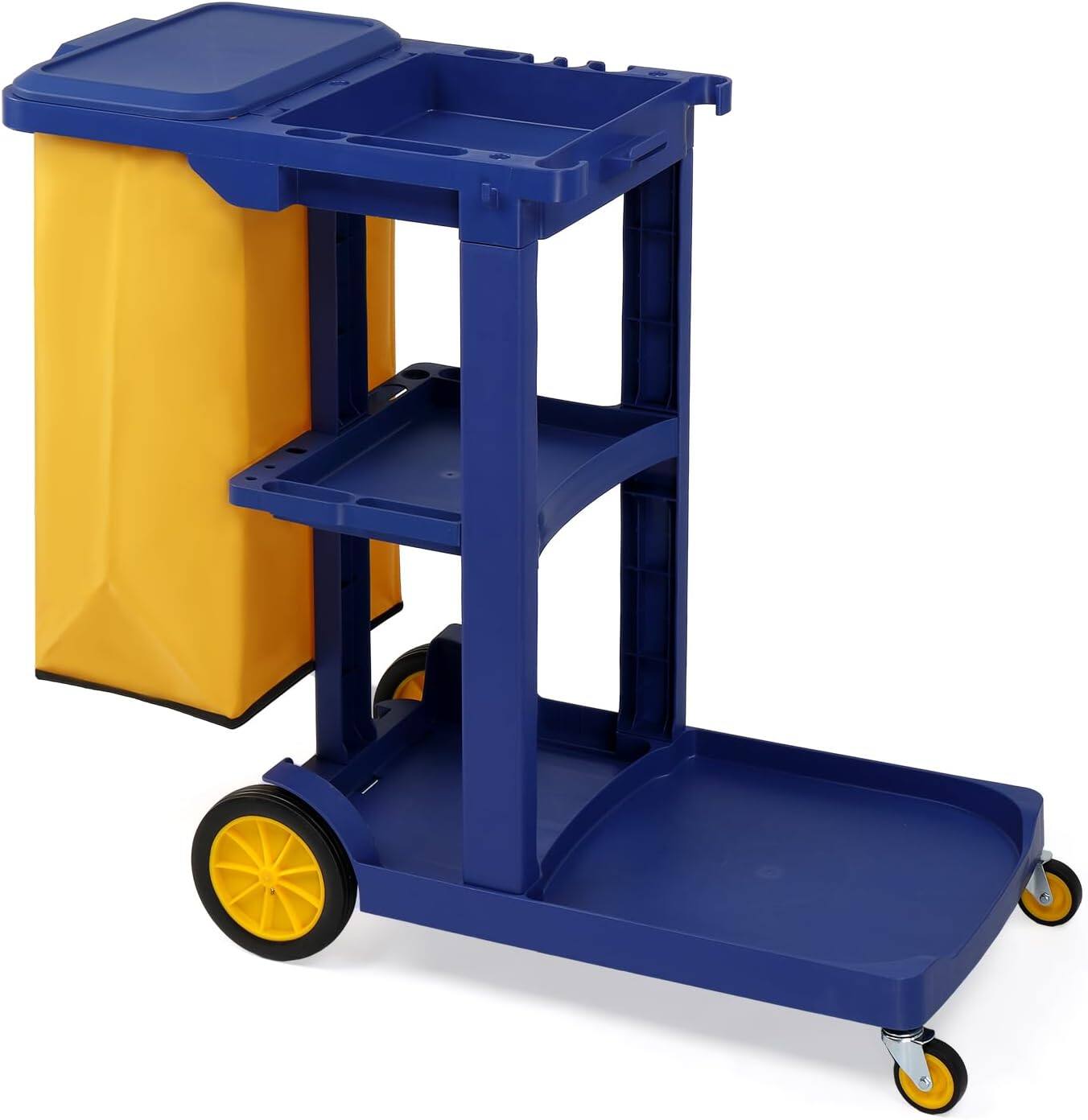 Winado - Heavy-Duty Traditional Cleaning 3-Shelf Janitorial Cart 500 Lbs Capacity Housekeeping Cart w/ Yellow Vinyl Bag for Hotel - Blue