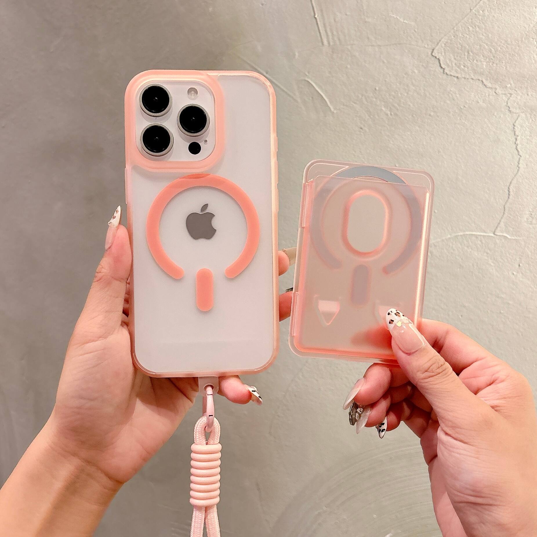 Back. Dteck - Magnetic Mag Safe Wallet Case for Apple iPhone 16 Pro Max,Rugged Matte Cover with Detachable Card Holder & Lanyard - Pink.