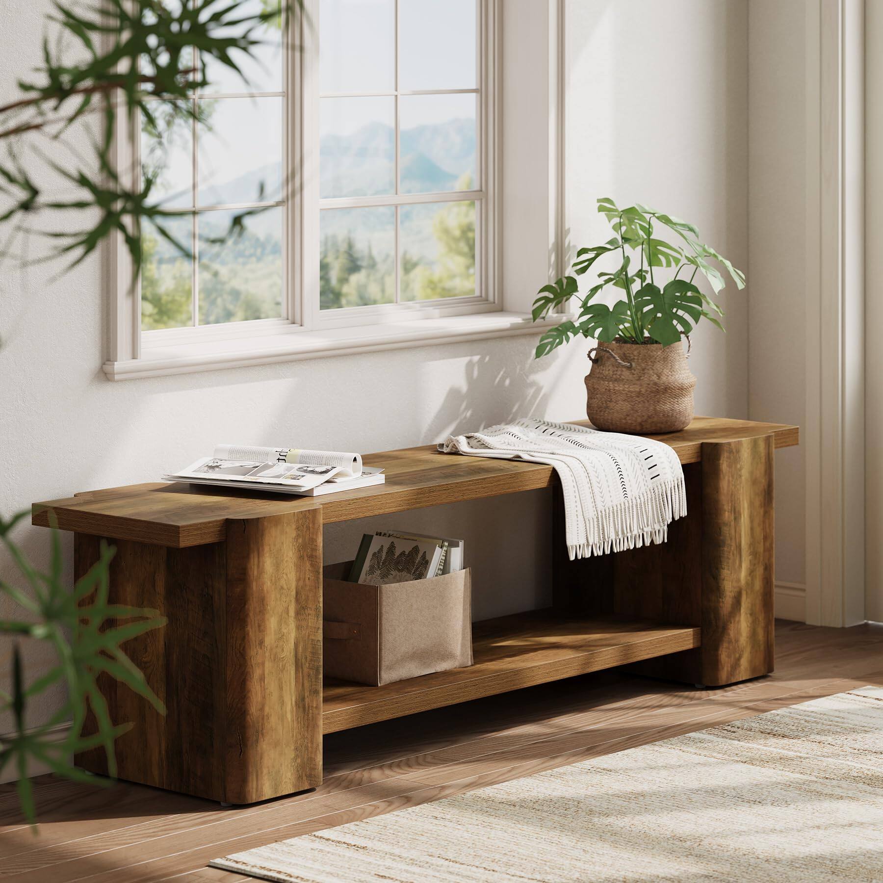 Alt View 4. Tribesigns - Tribeisigns Wooden Bench for Dining Table, Farmhouse Brown Kitchen Seat - Brown.