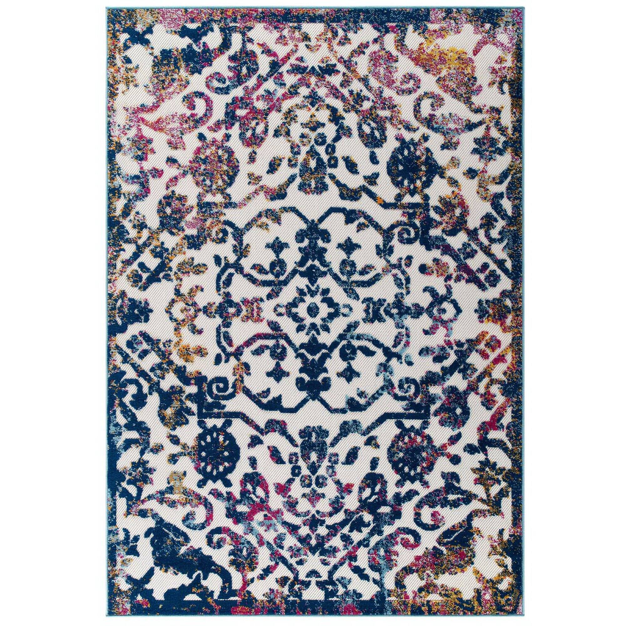 Angle. Modway - Reflect Primrose Ornate Floral Lattice Indoor/Outdoor Area Rug - Ivory Dark Blue Multicolored.