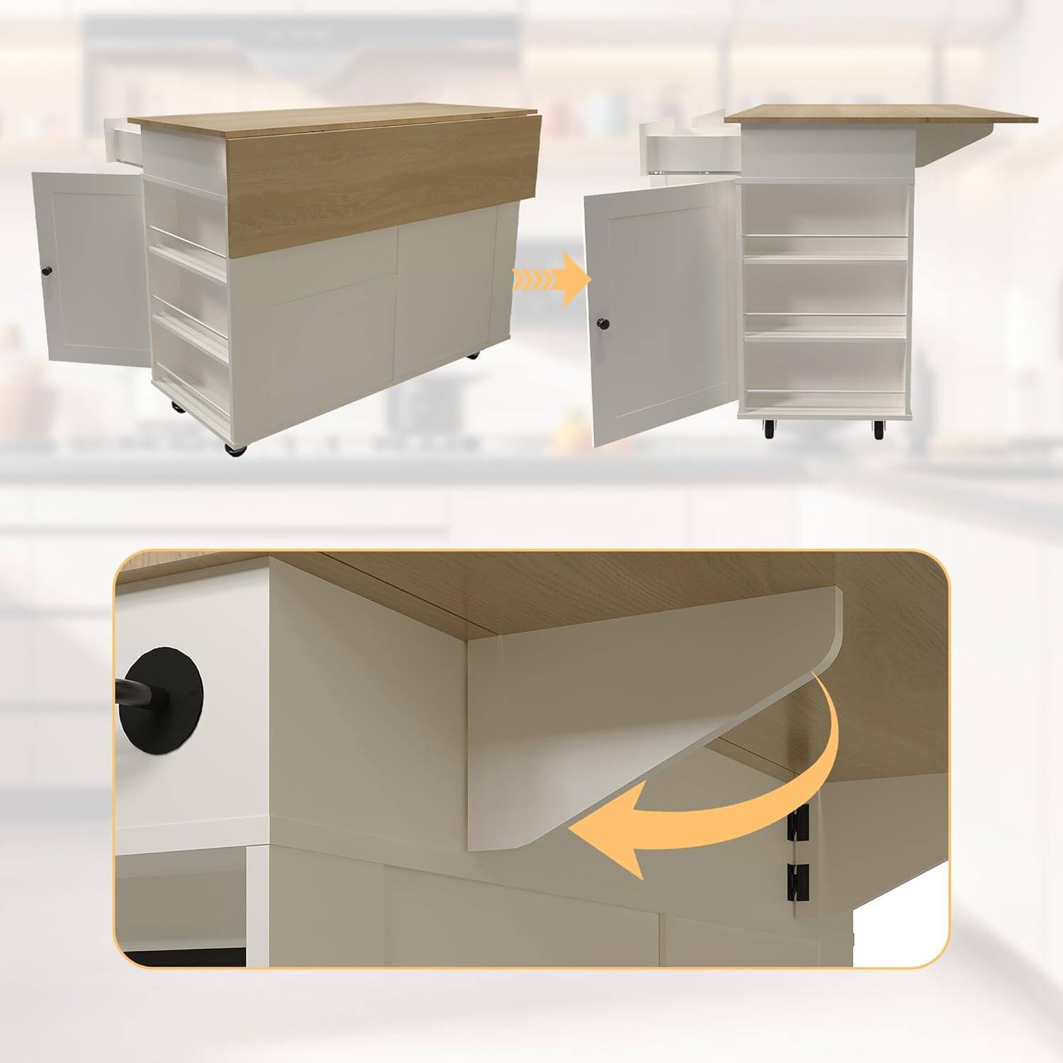 Alt View 1. Homhougo - Rolling Kitchen Island with Drop-Leaf Top, Charging Station, Storage Cart with Shelves/Drawers, 47.2" - White.
