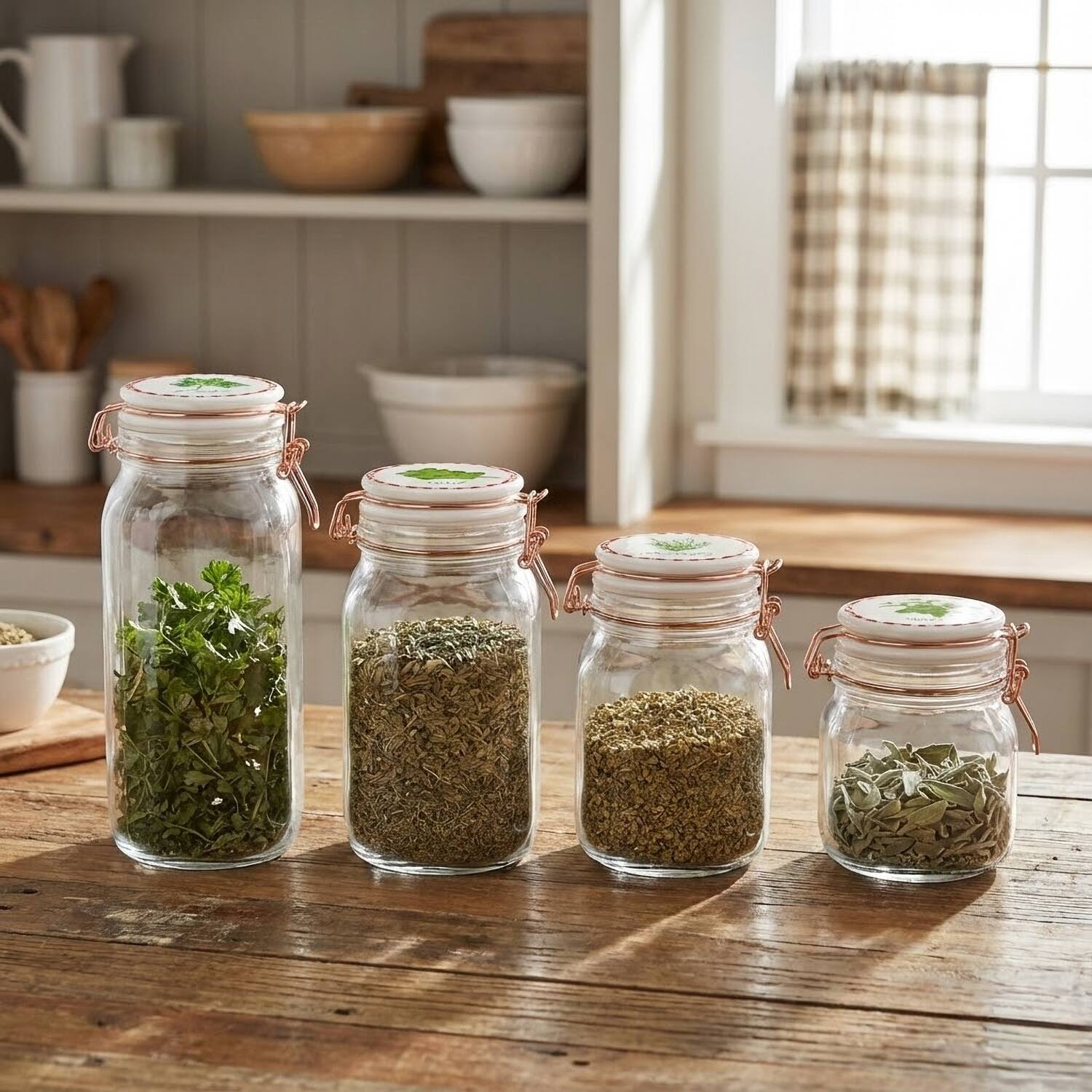 Left. Jay Import - 4-Piece Glass Canister Set with Ceramic Herb Decal Lids.