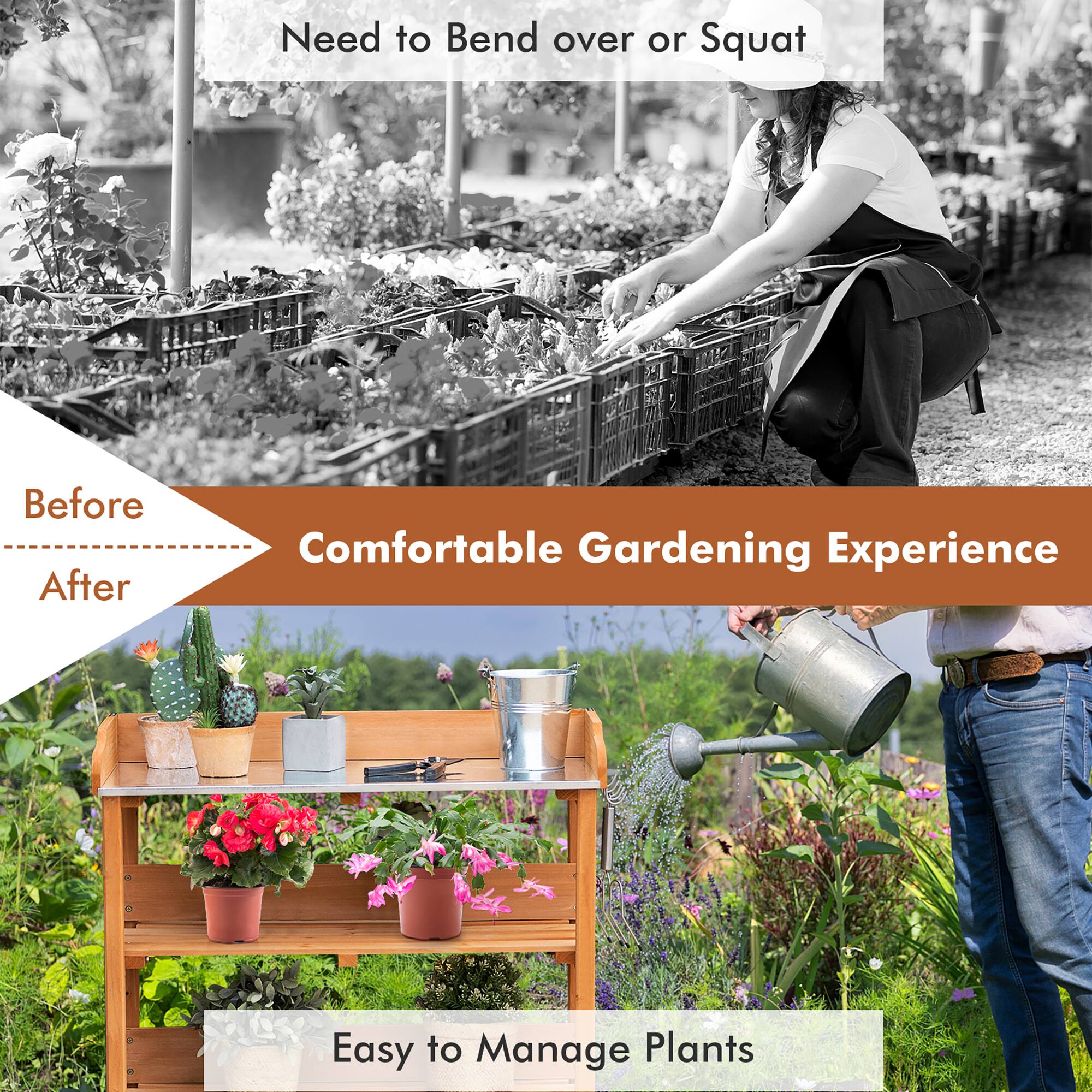 The text on the image is grouped and corrected as follows:

Before: Need to Bend over or Squat
After: Comfortable Gardening Experience
Easy to Manage Plants