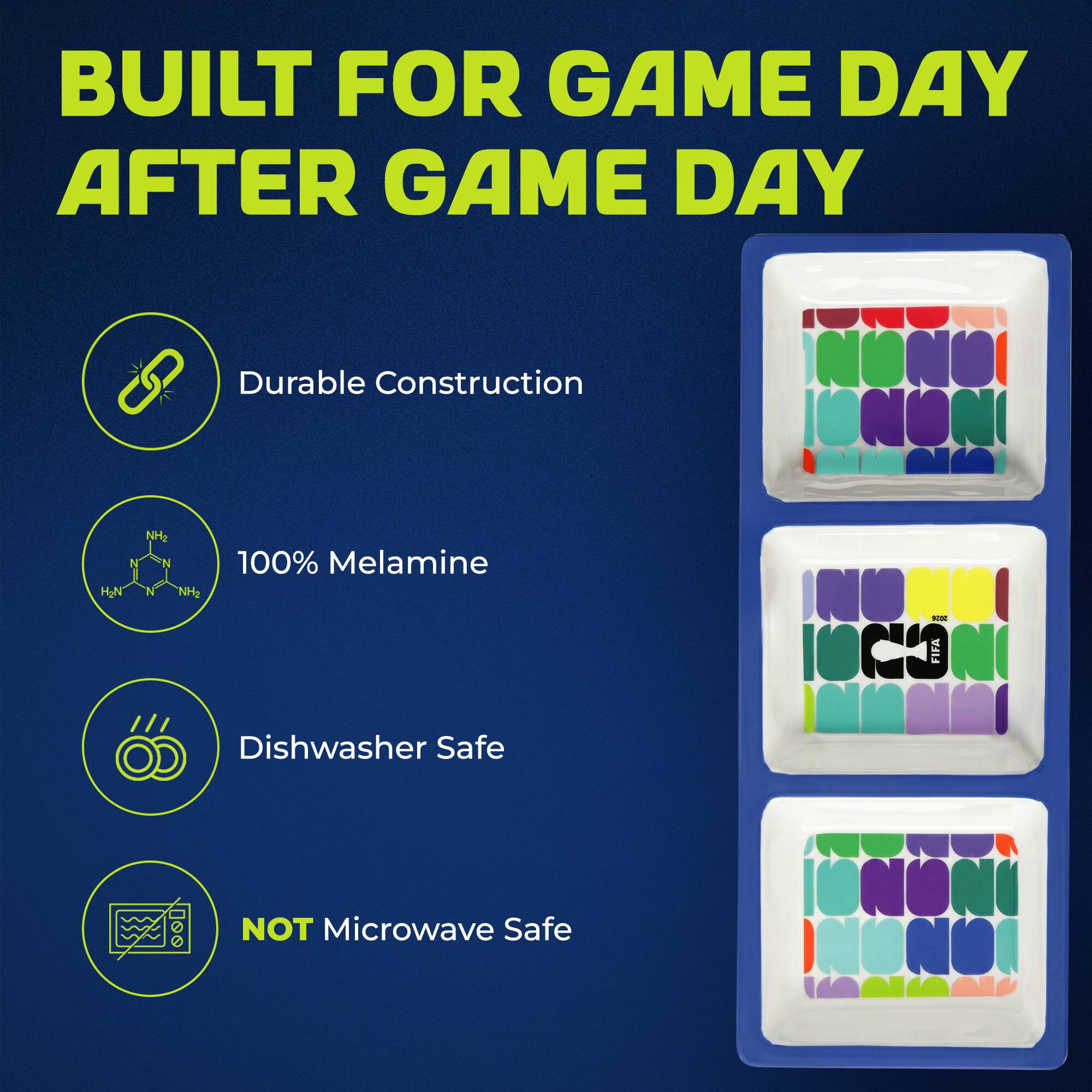 BUILT FOR GAME DAY AFTER GAME DAY

- Durable Construction
- 100% Melamine
- Dishwasher Safe
- NOT Microwave Safe