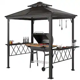 Outsunny - Outside Porch BBQ Cooking Pergola Canopy w/ 6 Hooks for Utensils & Double Venting - Coffee