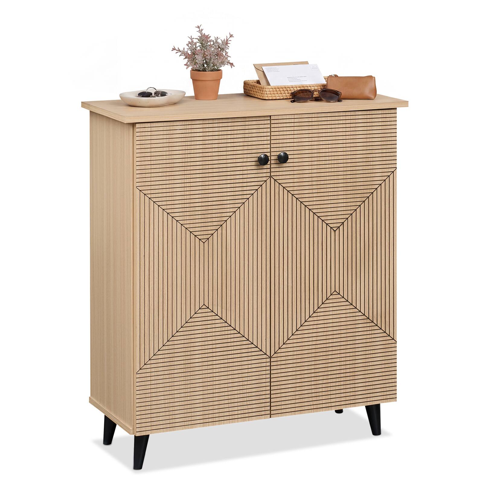 Front. Costway - Costway Freestanding Footwear Storage Unit Boasts Stylish Carved Panels for Indoor Space - 2-Door Geometric Grooves Natural.