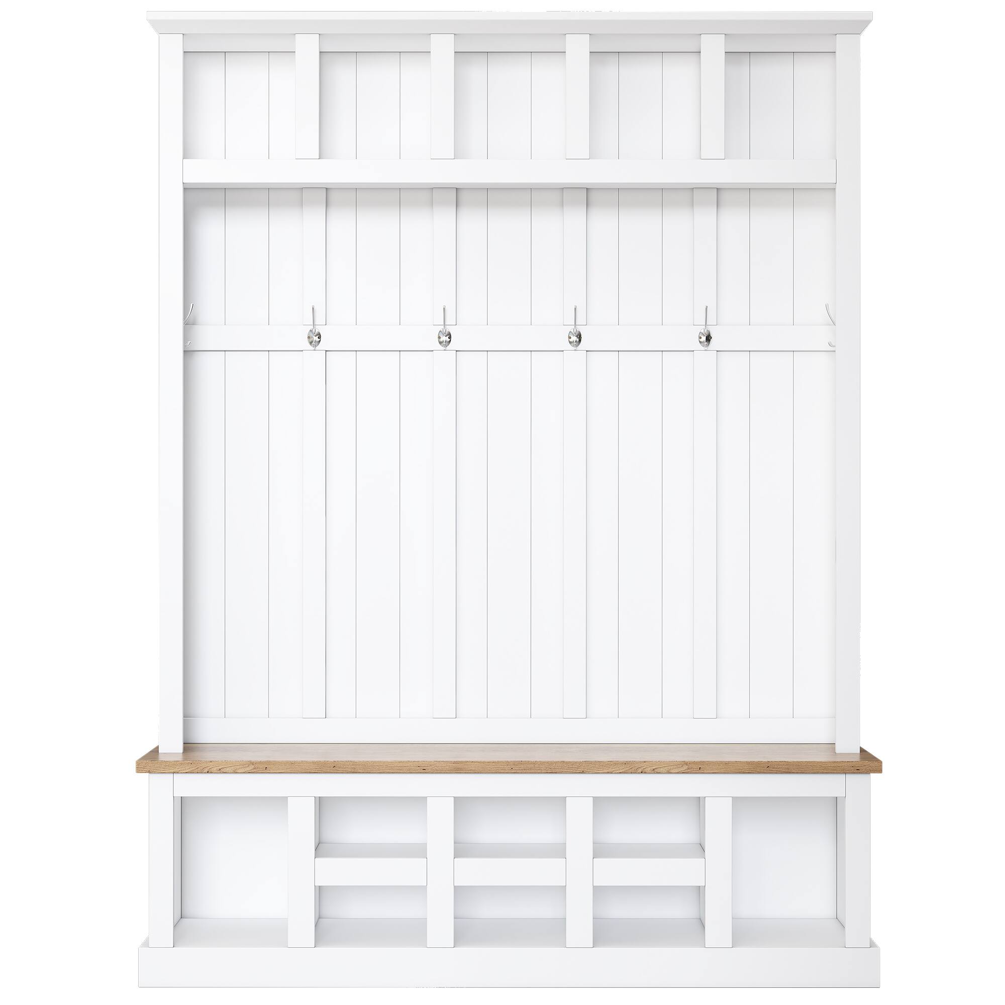 Back. Whisen - Hall Tree with Storage Bench and Shoe Cabinet,Entryway Organizer with 6 Hooks - White.