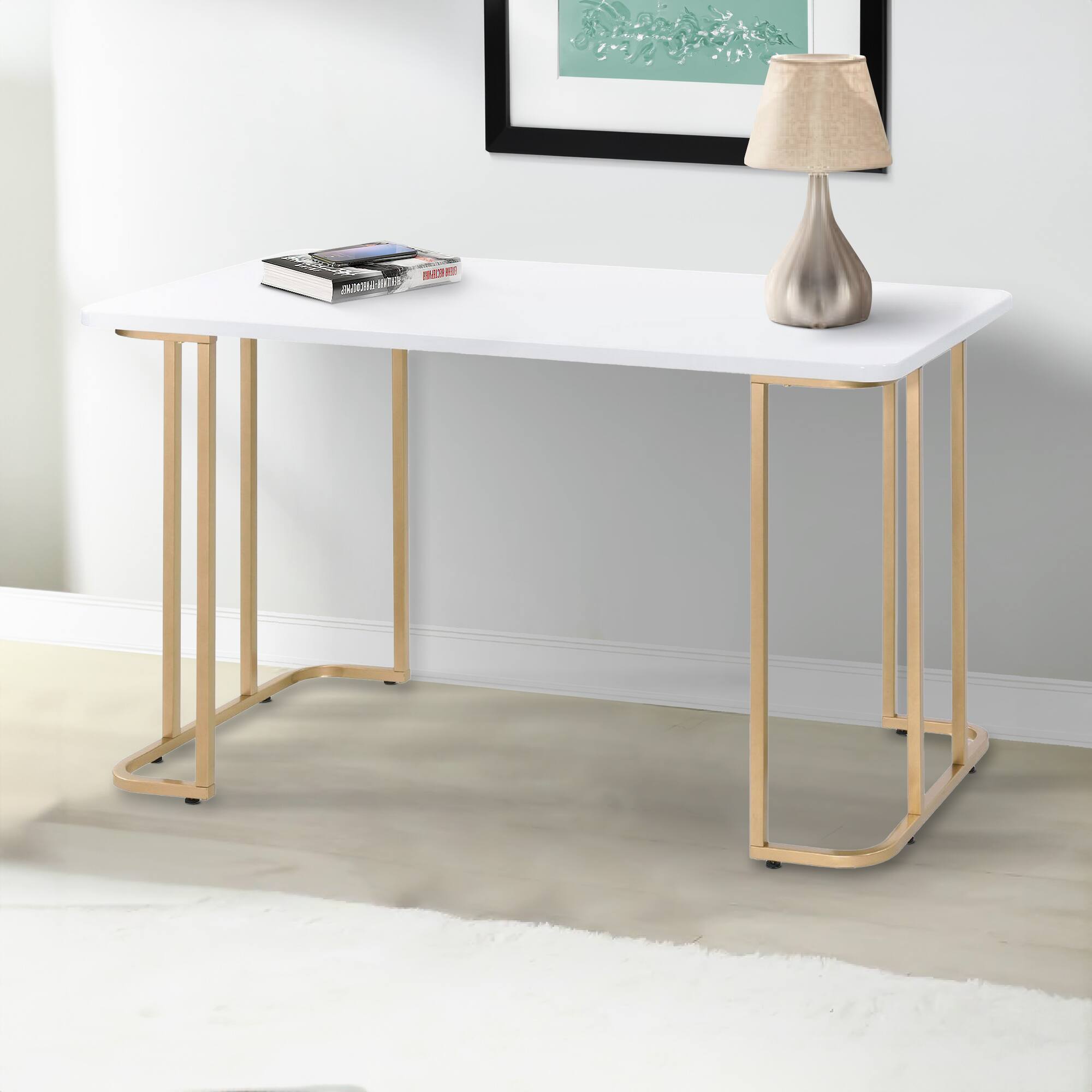 Alt View 2. Manhattan Lane - Writing Desk with Metal Curved Sled Base and Floor Protectors, White - White.