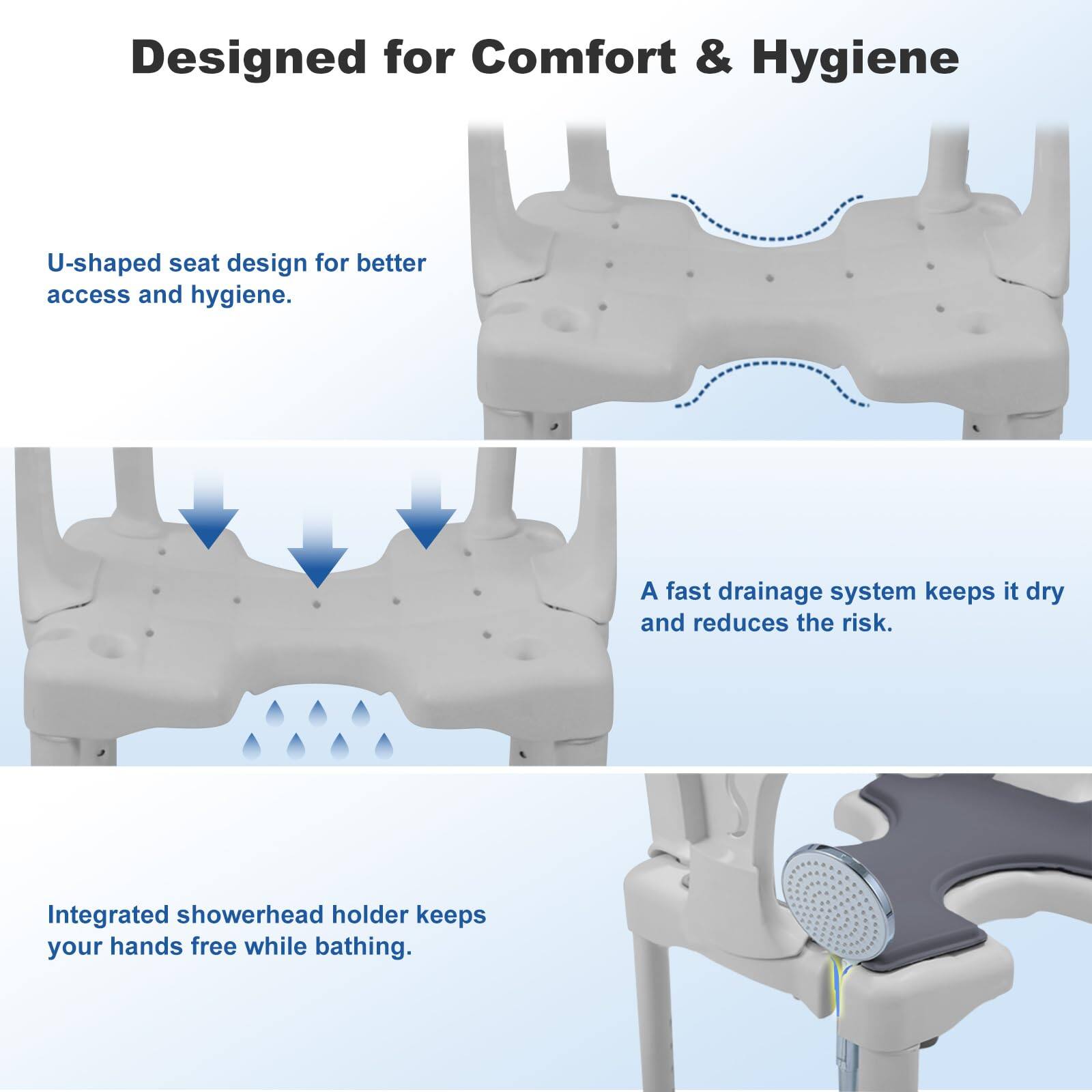 Designed for Comfort & Hygiene

- U-shaped seat design for better access and hygiene.
- A fast drainage system keeps it dry and reduces the risk.
- Integrated showerhead holder keeps your hands free while bathing.