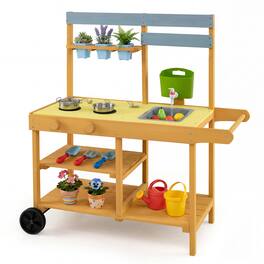Costway - Mud Kitchen for Kids, Wooden Outdoor Play Kitchen with Flowerpots, Sink, Water Tank - Yellow