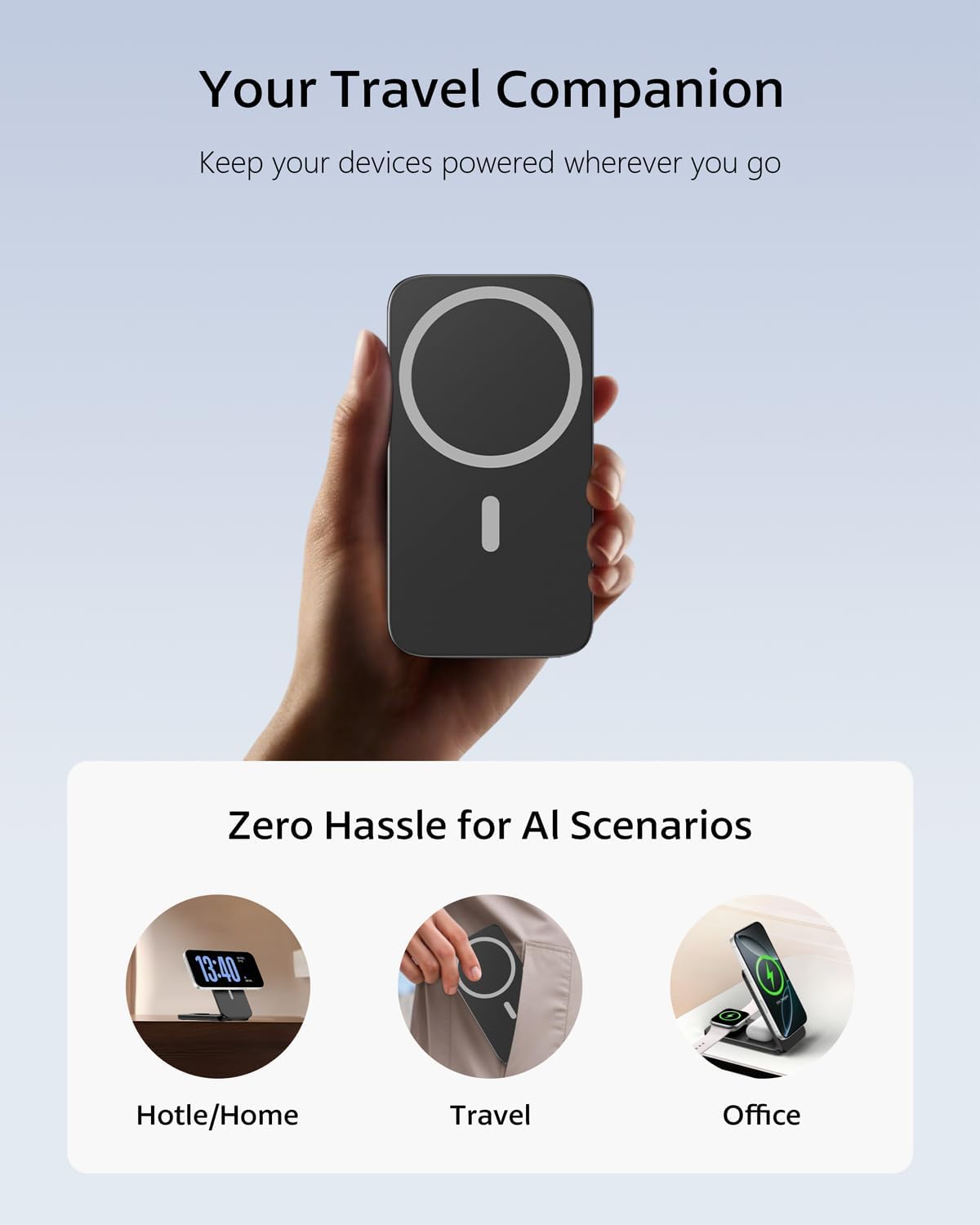 Your Travel Companion  
Keep your devices powered wherever you go  

Zero Hassle for All Scenarios  

Hotle/Home  
Travel  
Office