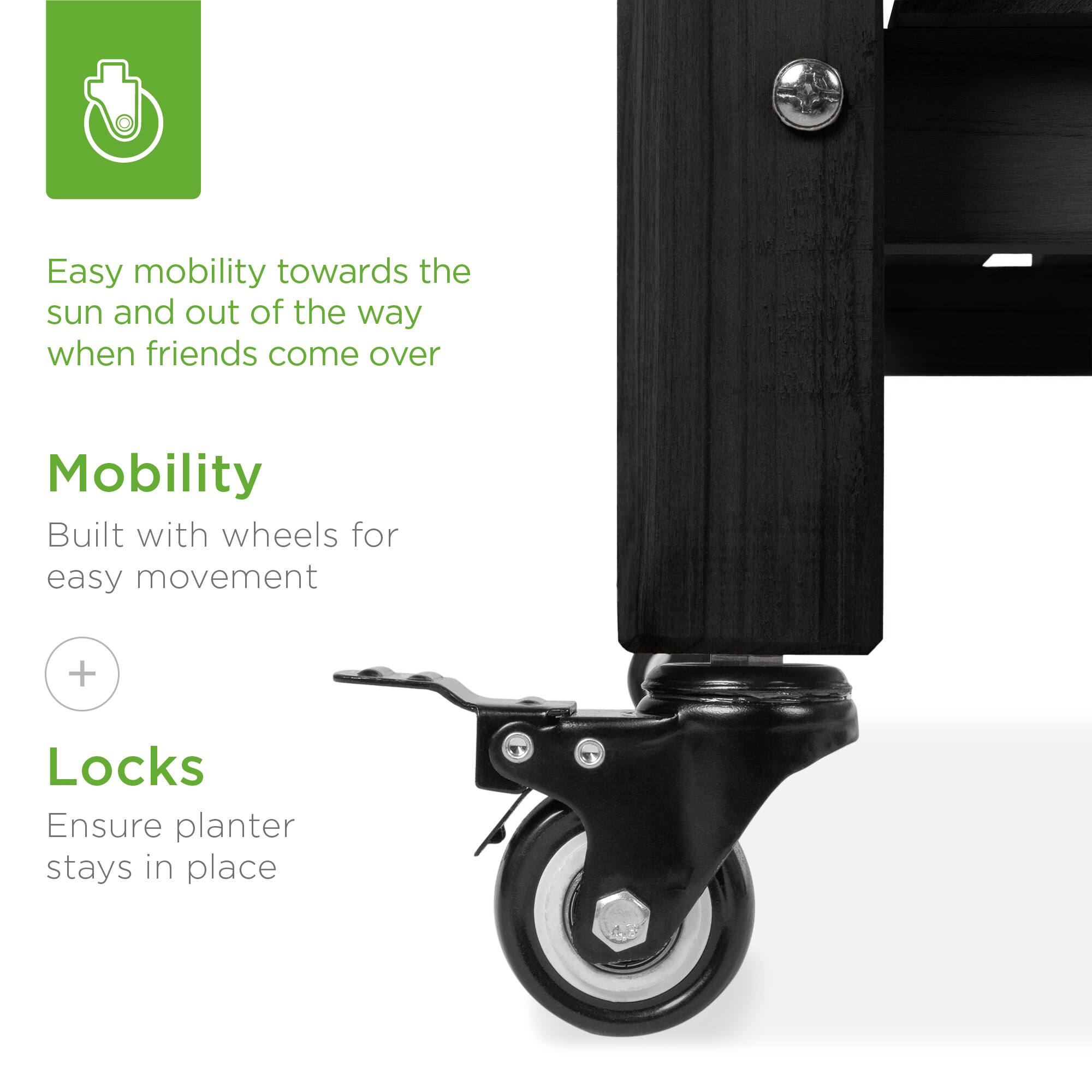 Easy mobility towards the sun and out of the way when friends come over

Mobility  
Built with wheels for easy movement

Locks  
Ensure planter stays in place