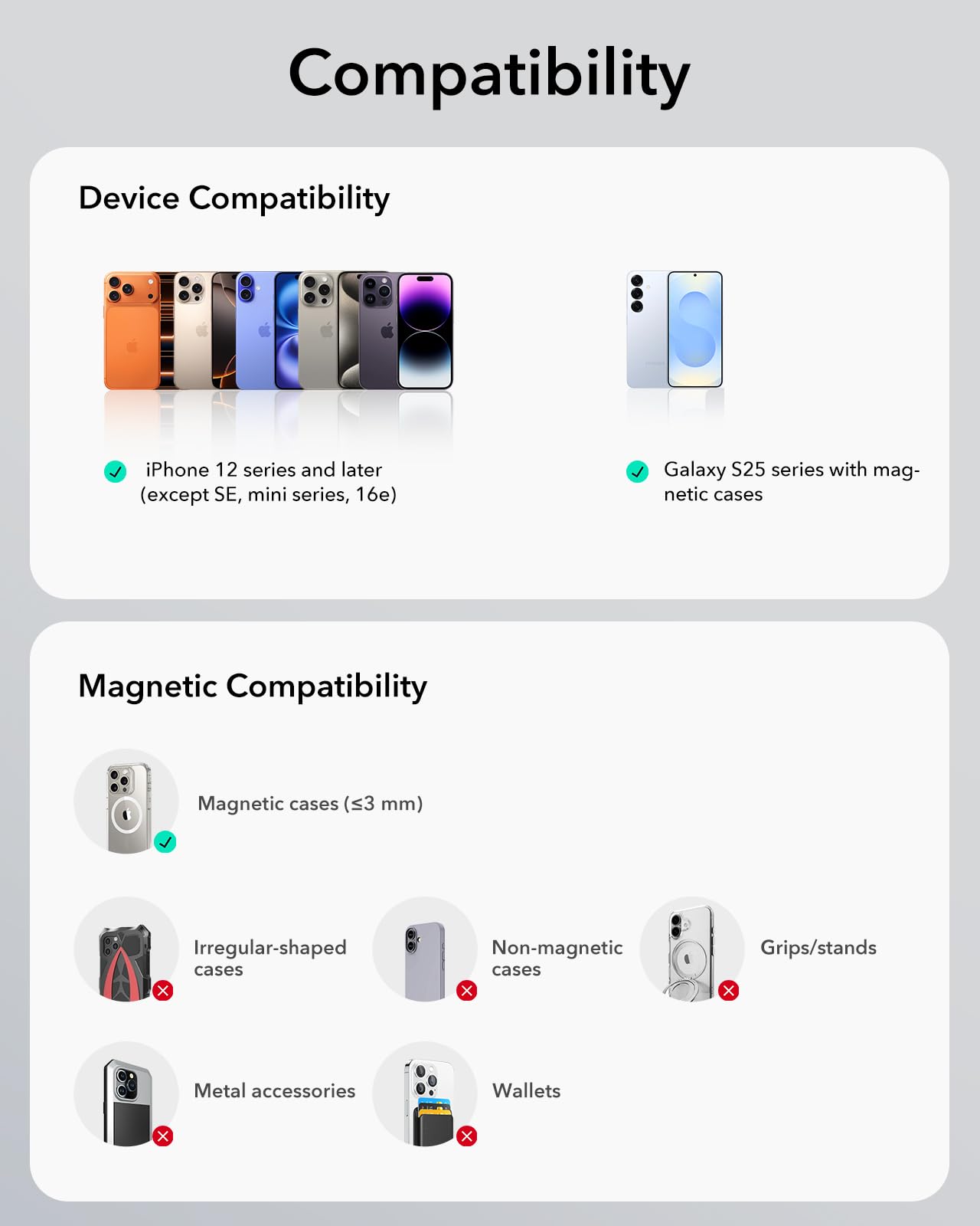 **Compatibility**

**Device Compatibility**

- iPhone 12 series and later (except SE, mini series, 16e)
- Galaxy S25 series with magnetic cases

**Magnetic Compatibility**

- Magnetic cases (≤3 mm)
- Irregular-shaped cases
- Non-magnetic cases
- Grips/stands
- Metal accessories
- Wallets