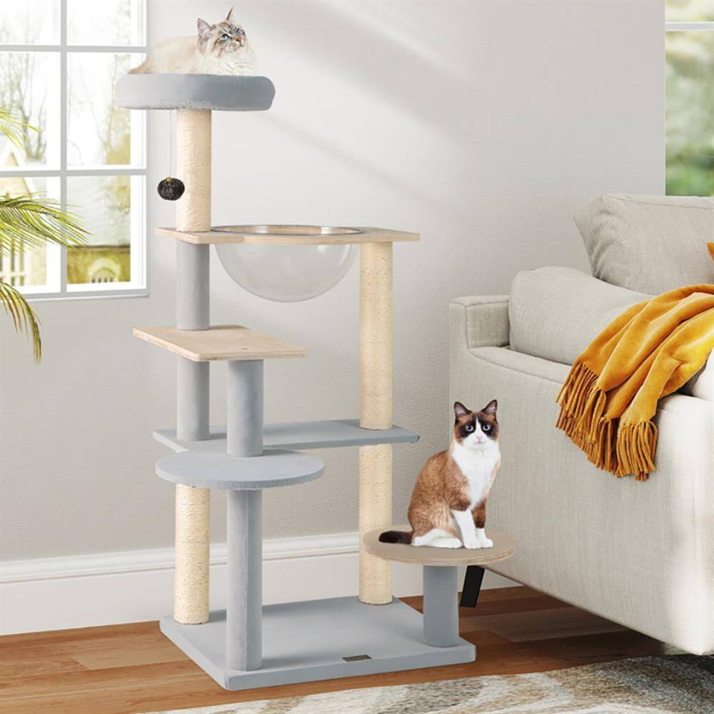 Back. Kadyn - Cat Scratching Tower,Cat Tree, Modern Cat Tree 44 Inch Multi-level Cat Tower with Removable Padded Top Perch-Natural - Beige.