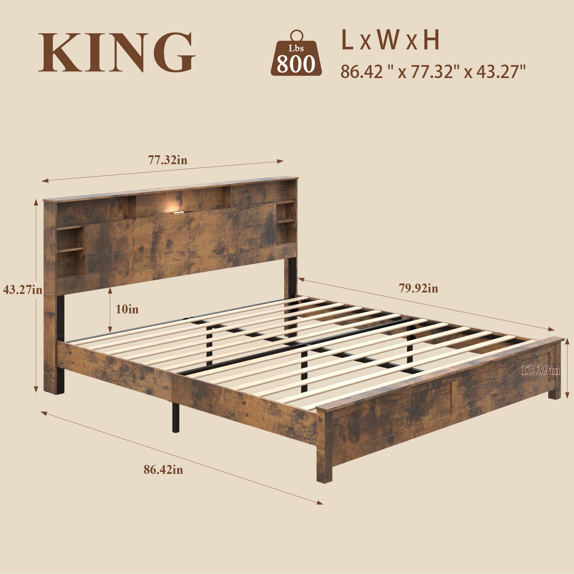 KING  
L x W x H  
86.42" x 77.32" x 43.27"  
800 Lbs  

- 86.42in  
- 77.32in  
- 43.27in  
- 10in  
- 79.92in  
- 13.39in