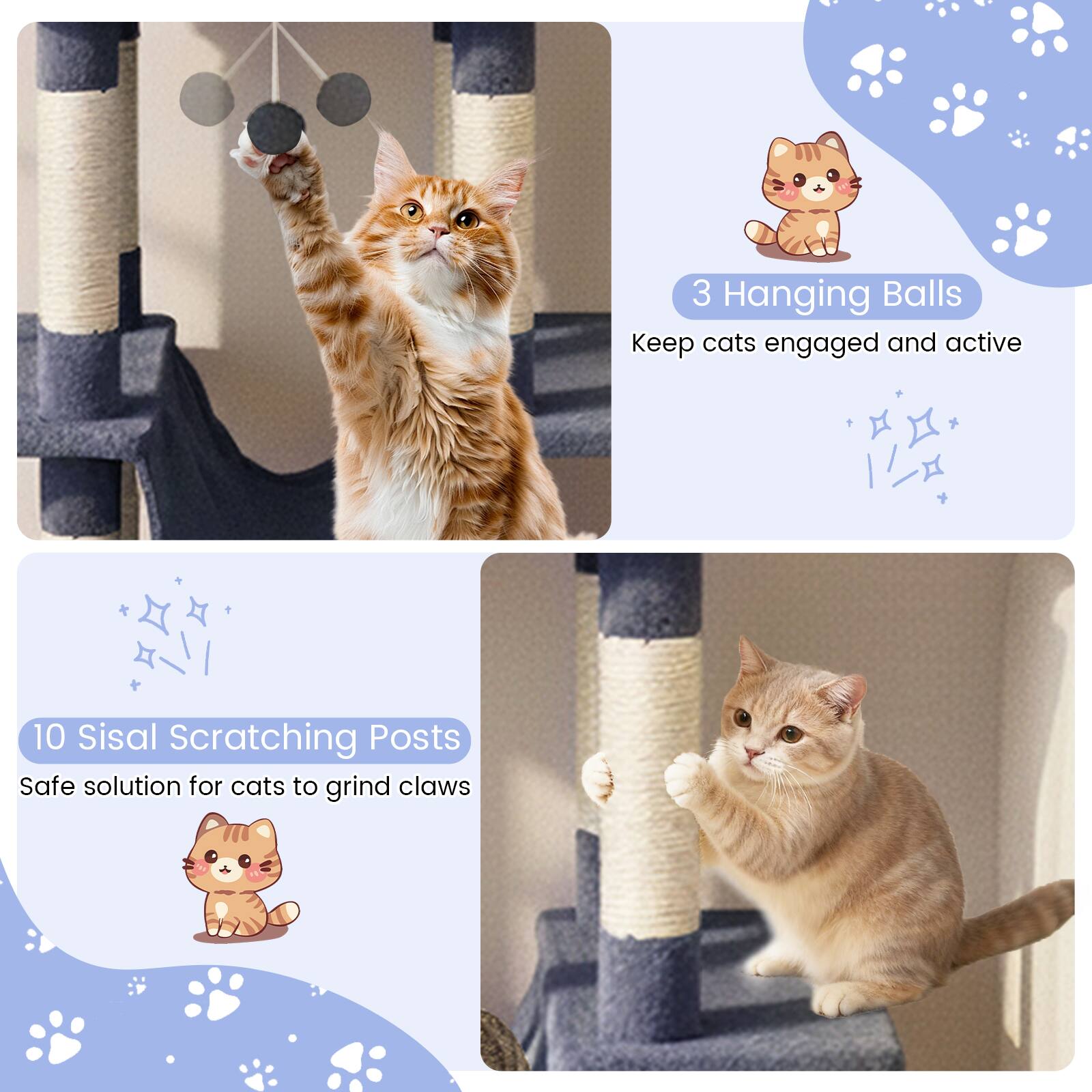 3 Hanging Balls  
Keep cats engaged and active  

10 Sisal Scratching Posts  
Safe solution for cats to grind claws