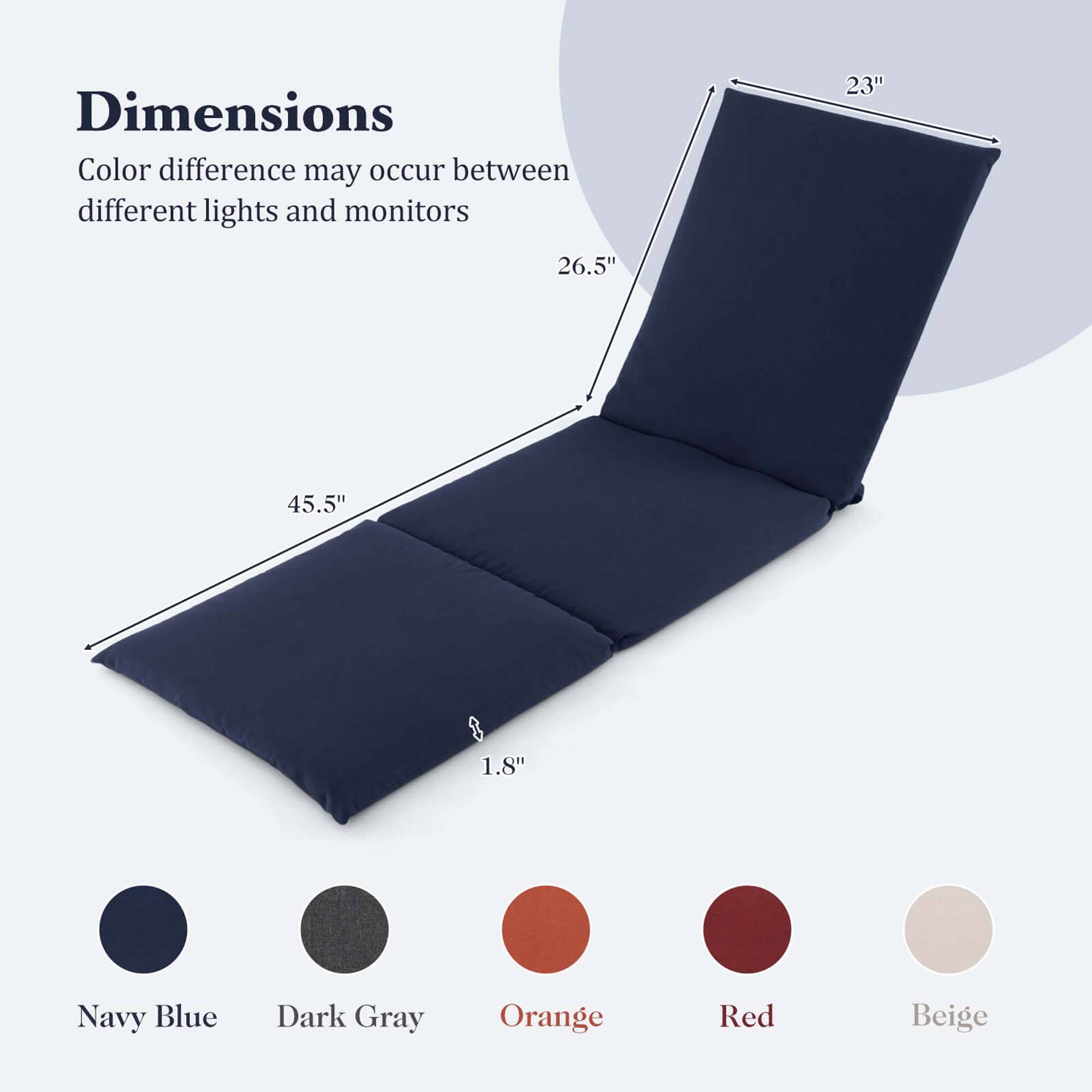 Dimensions  
Color difference may occur between different lights and monitors  

23"  
26.5"  
45.5"  
1.8"  

Navy Blue  
Dark Gray  
Orange  
Red  
Beige