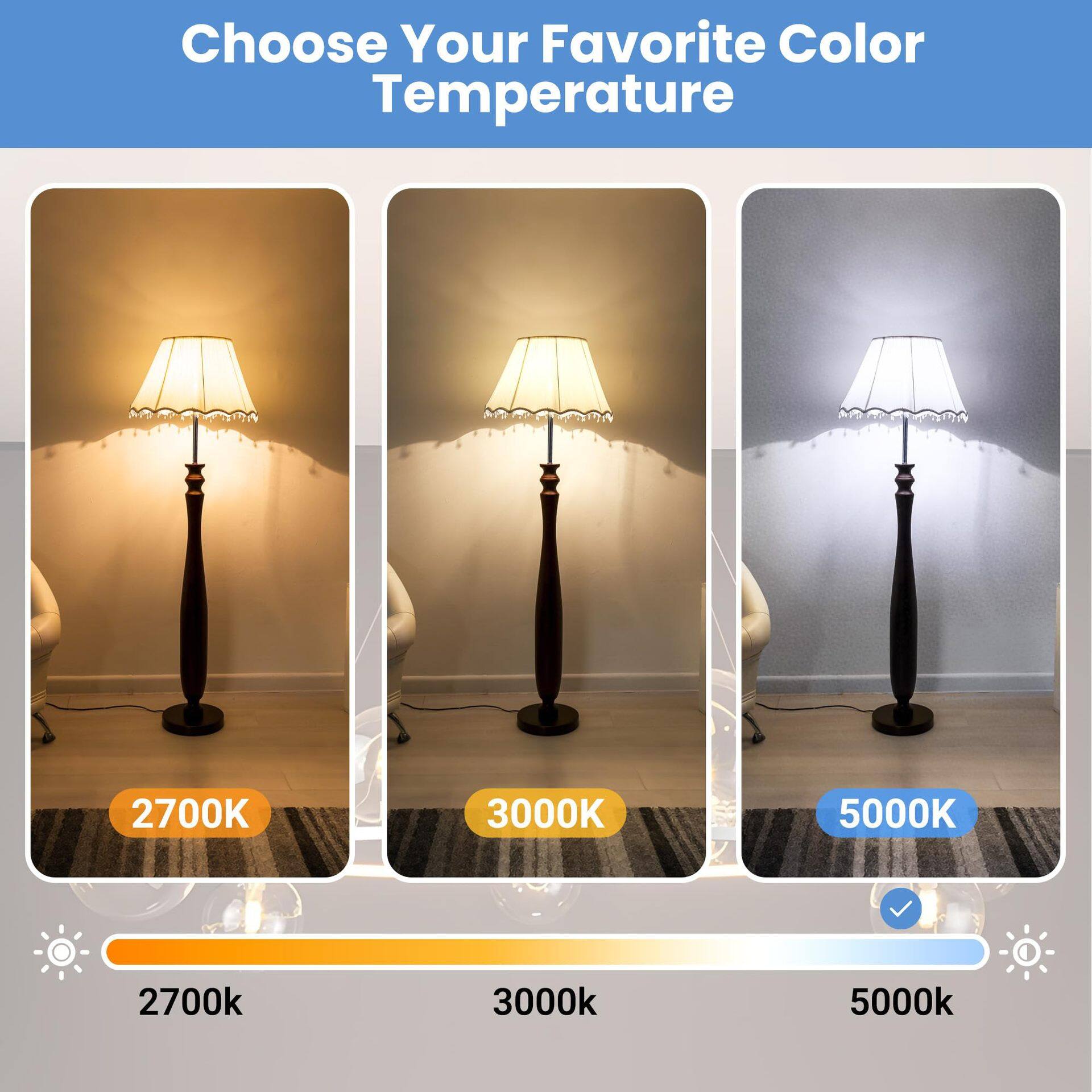 Choose Your Favorite Color Temperature
2700K
3000K
5000K