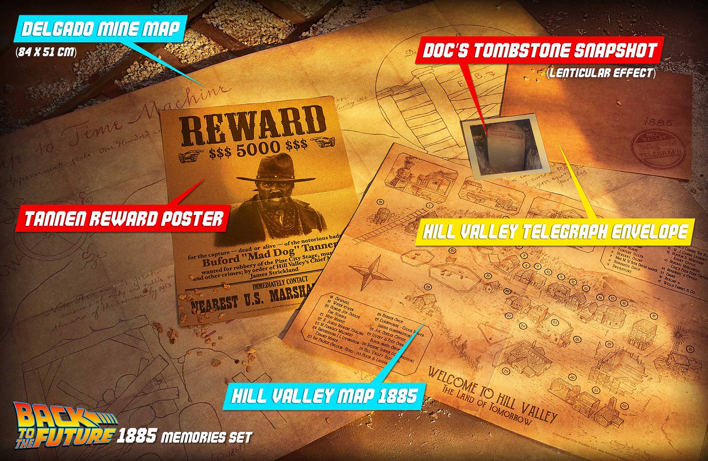 DELGADO MINE MAP (84 X 51 cm)  
DOC'S TOMBSTONE SNAPSHOT (Lenticular Effect)  
Machine  
REWARD 1885 to Time Machine  
$5000 $$$  
VALLEY MILL TELEGRAPH  
TANNEN REWARD POSTER  
HILL VALLEY TELEGRAPH ENVELOPE  
HILL VALLEY MAP 1885  
BACK TO THE FUTURE 1885 MEMORIES SET