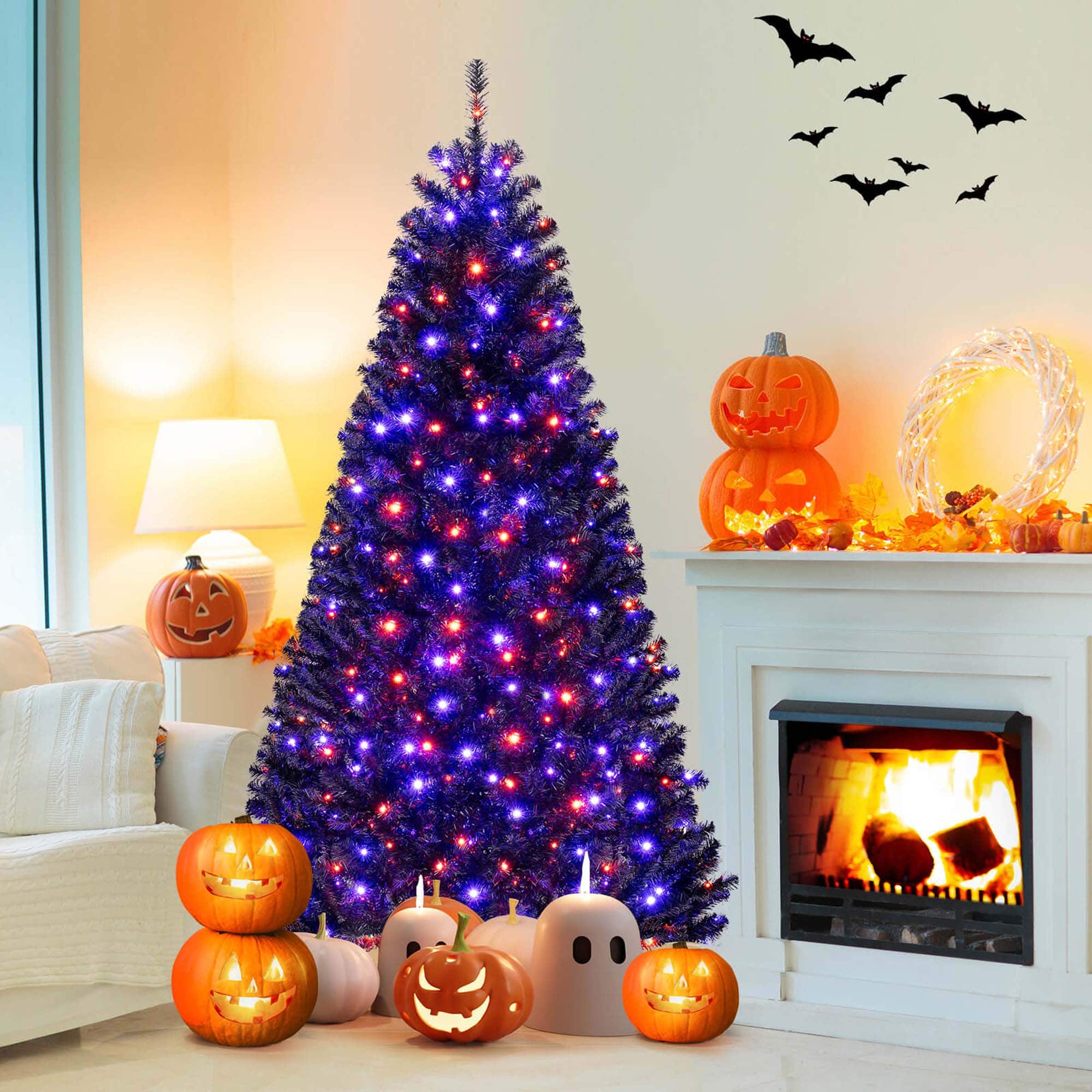 Costway - 7 FT Halloween Tree Artificial Decoration Tree with 1040 Branch Tips 6 Lighting Modes - Black