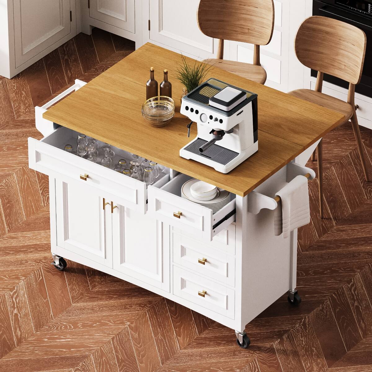 Front. Loheer - Loheer 52-Inch White Kitchen Island with Drop Leaf, Mobile Kitchen Cart on Wheels with 5 Drawers and Spice Rack - White.
