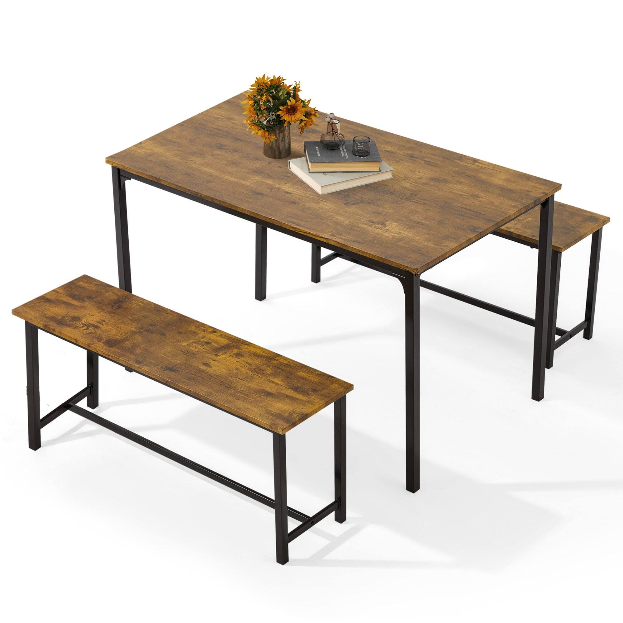 Alt View 6. U-HOMY - 3-Piece Dining Table Set for 4-6, Faux Marble Top with PU Leather Benches and Storage Shelf - Wood&Black.