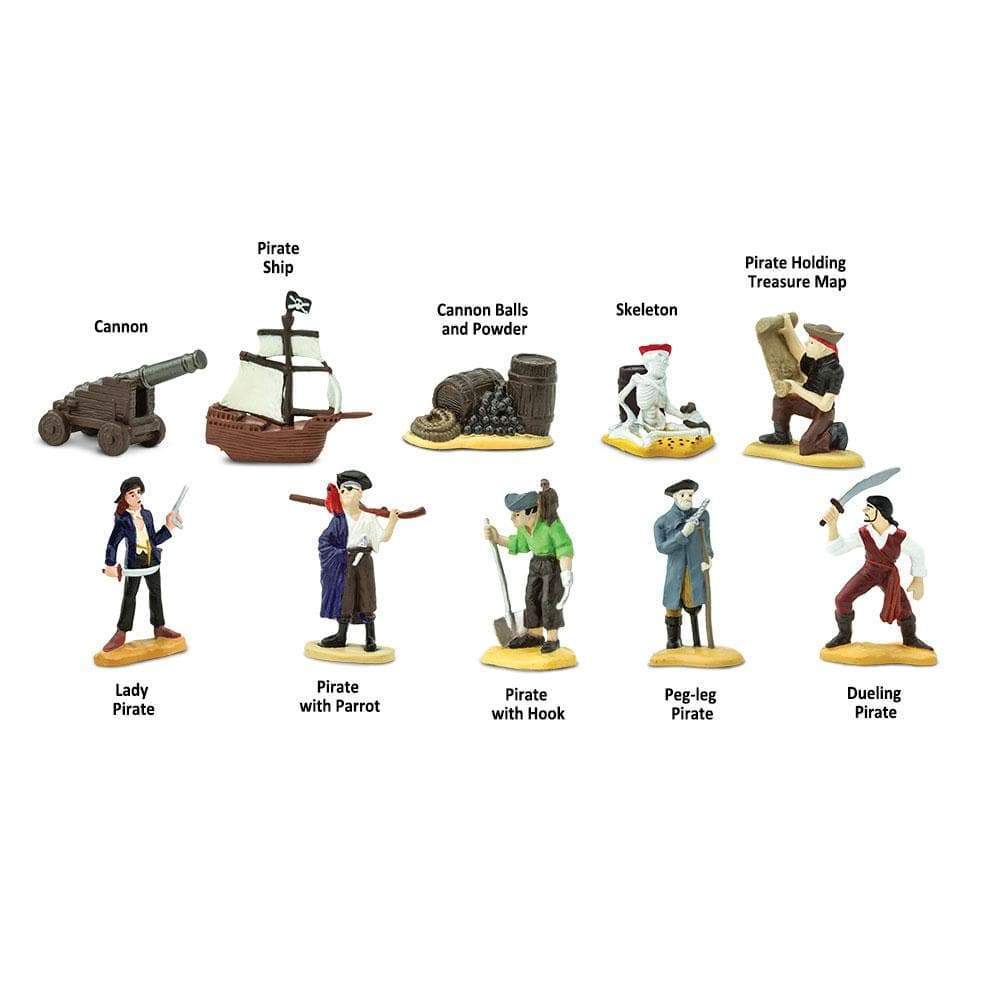 Cannon, Pirate Ship, Cannon Balls and Powder, Skeleton, Pirate Holding Treasure Map, Lady Pirate, Pirate with Parrot, Pirate with Hook Peg-leg, Pirate Dueling Pirate
