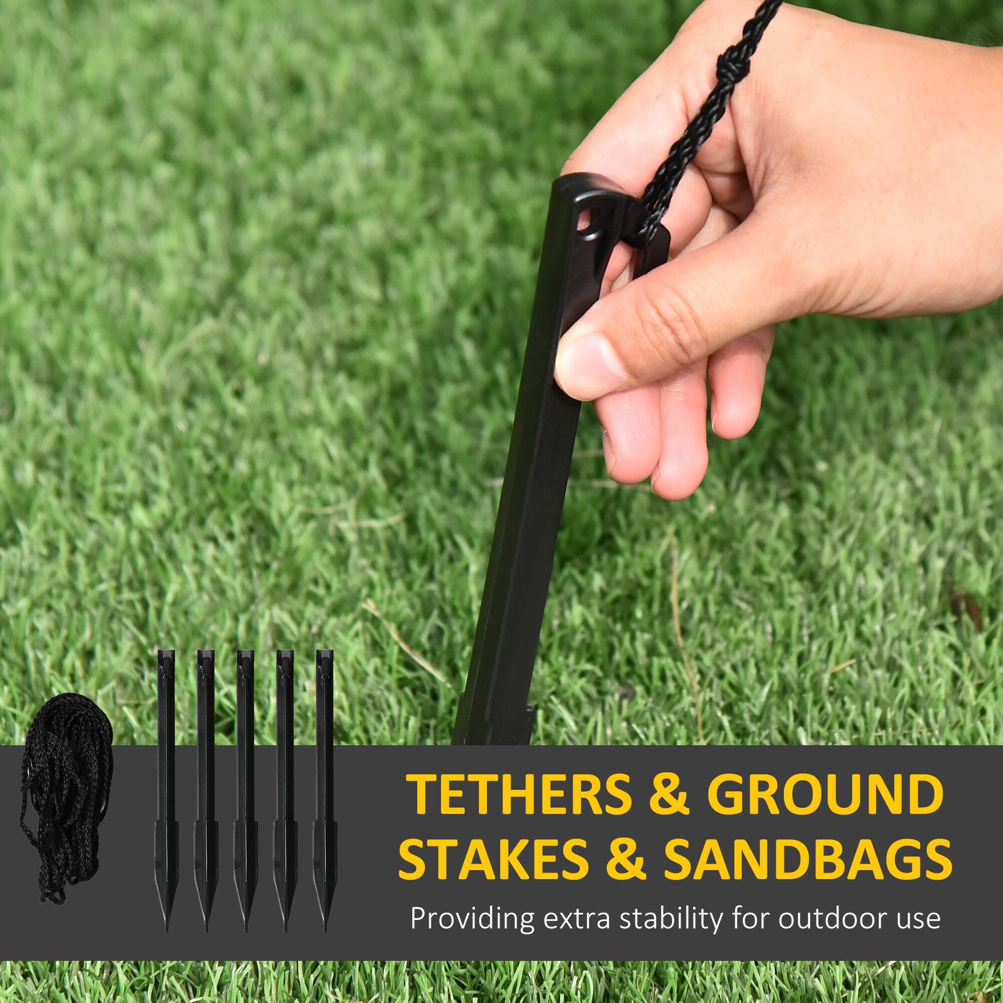 Tethers & Ground Stakes & Sandbags providing extra stability for outdoor use.