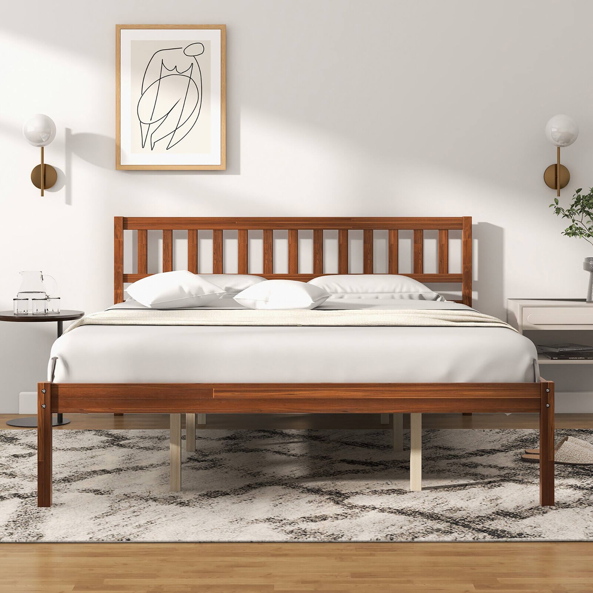 Alt View 2. Gymax - Gymax Queen Platform Bed with Headboard Solid Wood Leg Mattress Foundation Walnut - Walnut.