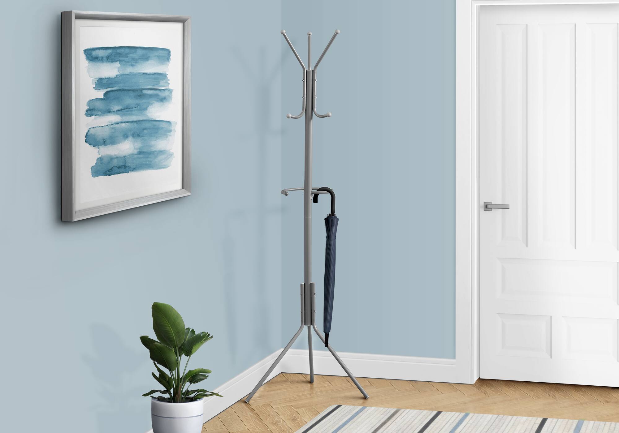 TinyHomie - Coat Rack Hall Tree Free Standing Hanging Bar 6 Hooks Entryway 68h Bedroom Grey Metal - Brown