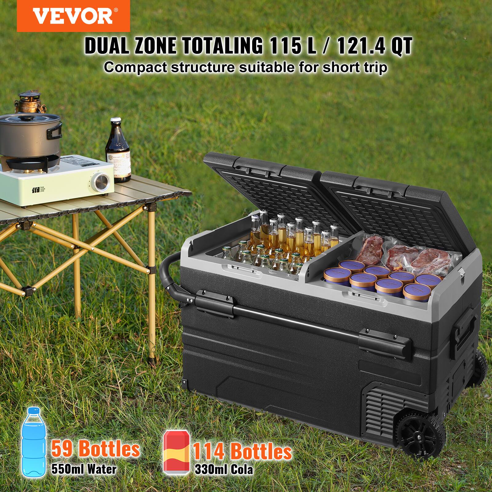 VEVOR DUAL ZONE TOTALING 115 L/ 121.4 QT Compact structure suitable for short trip
2 - 59 Bottles 550ml Water
114 Bottles 330ml Cola