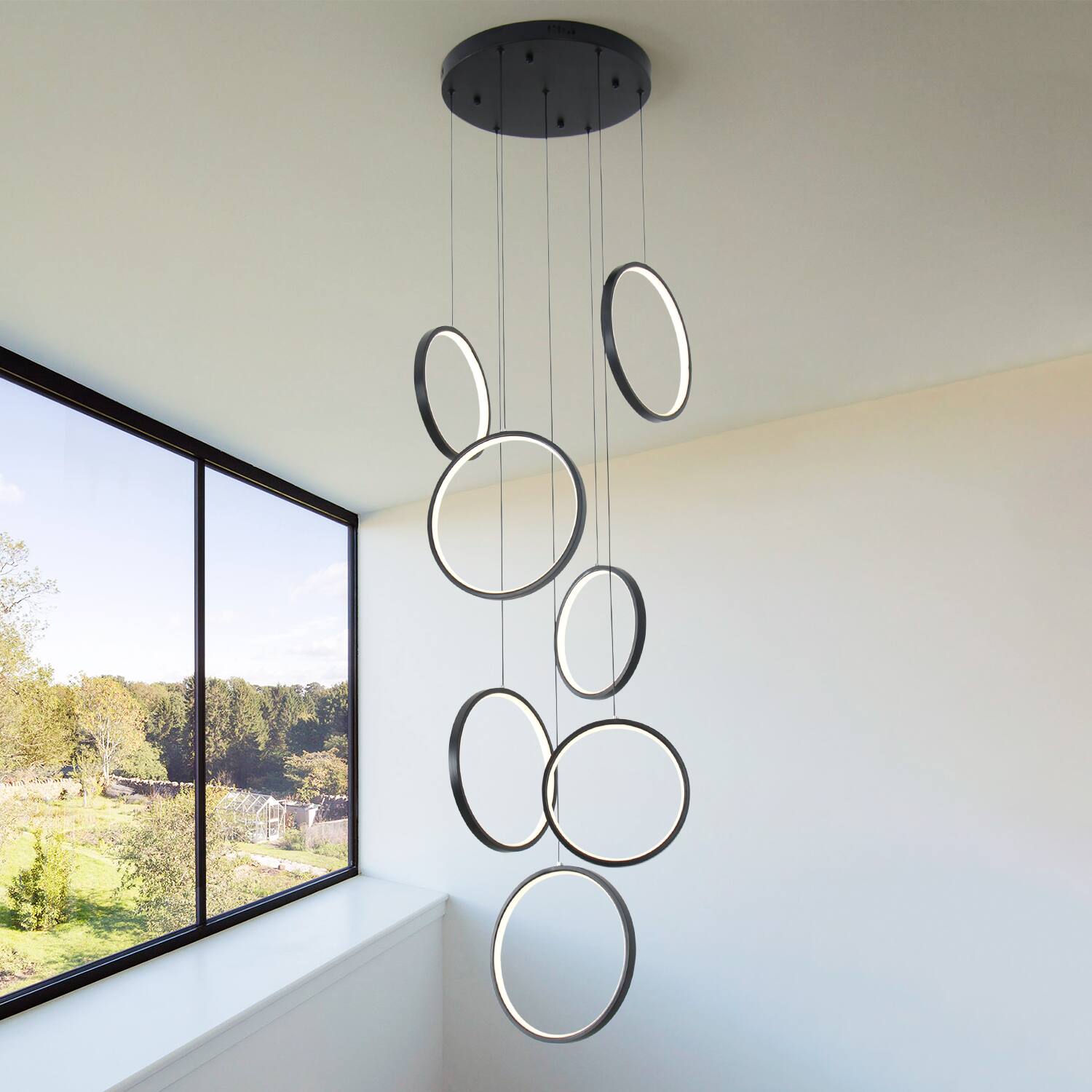Left. Umeiluce - Dimmable LED Geometric Chandelier Hanging Pendant for Staircase Stairs - Matte Black.