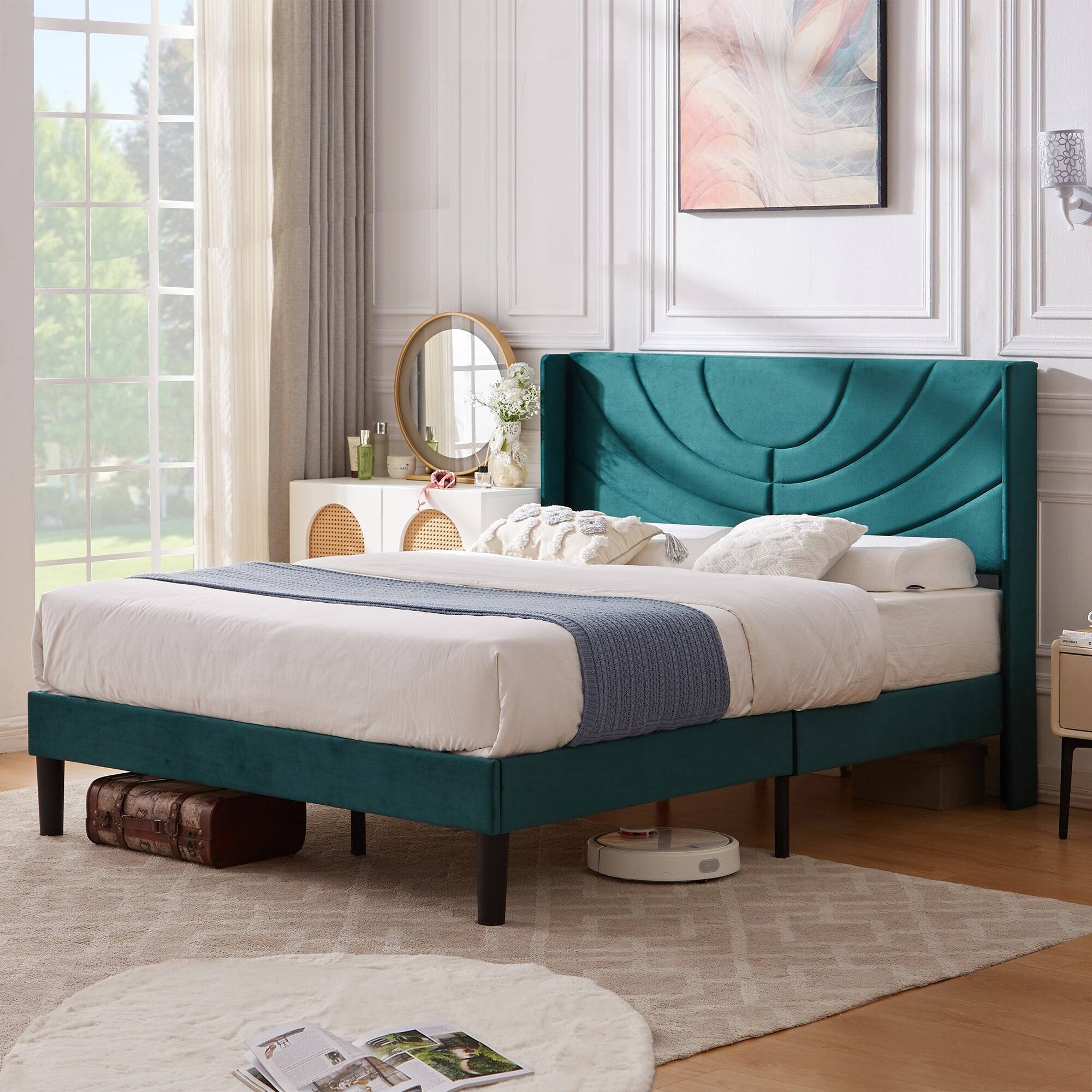 Left. Vecelo - Upholstered Platform Queen Bed Frame with Fabric Headboard,Wooden Slats Support/No Box Spring Needed/Mattress Foundation - Dark Green.