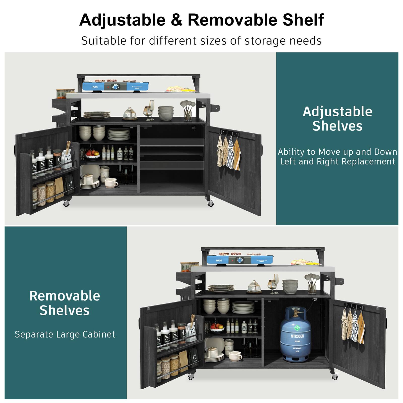Adjustable & Removable Shelf  
Suitable for different sizes of storage needs

Adjustable Shelves  
Ability to Move up and Down Left and Right Replacement

Removable Shelves  
Separate Large Cabinet